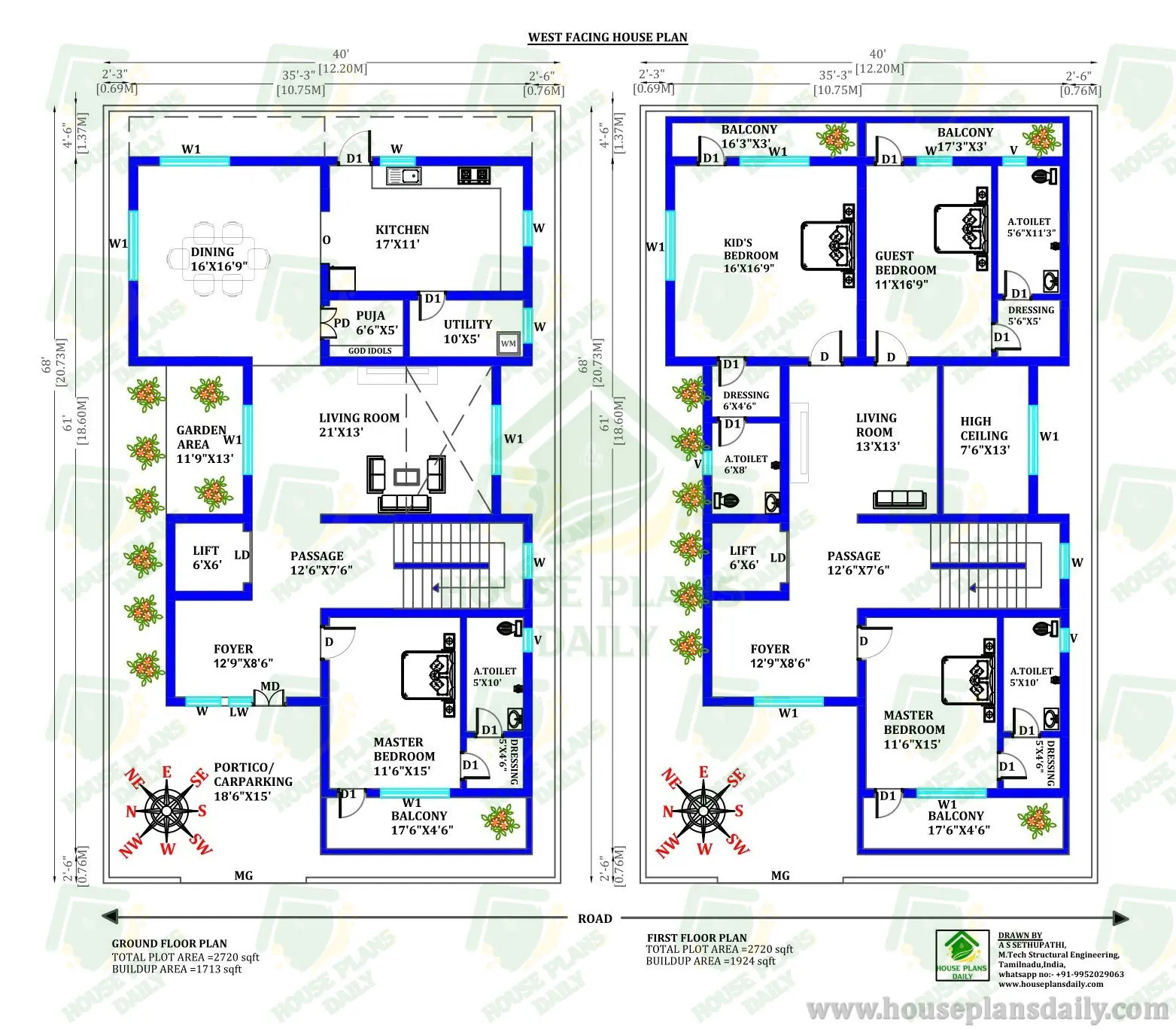 4 BHK House Plan |West Facing Duplex House Plans | 2800 SQFT House Plan