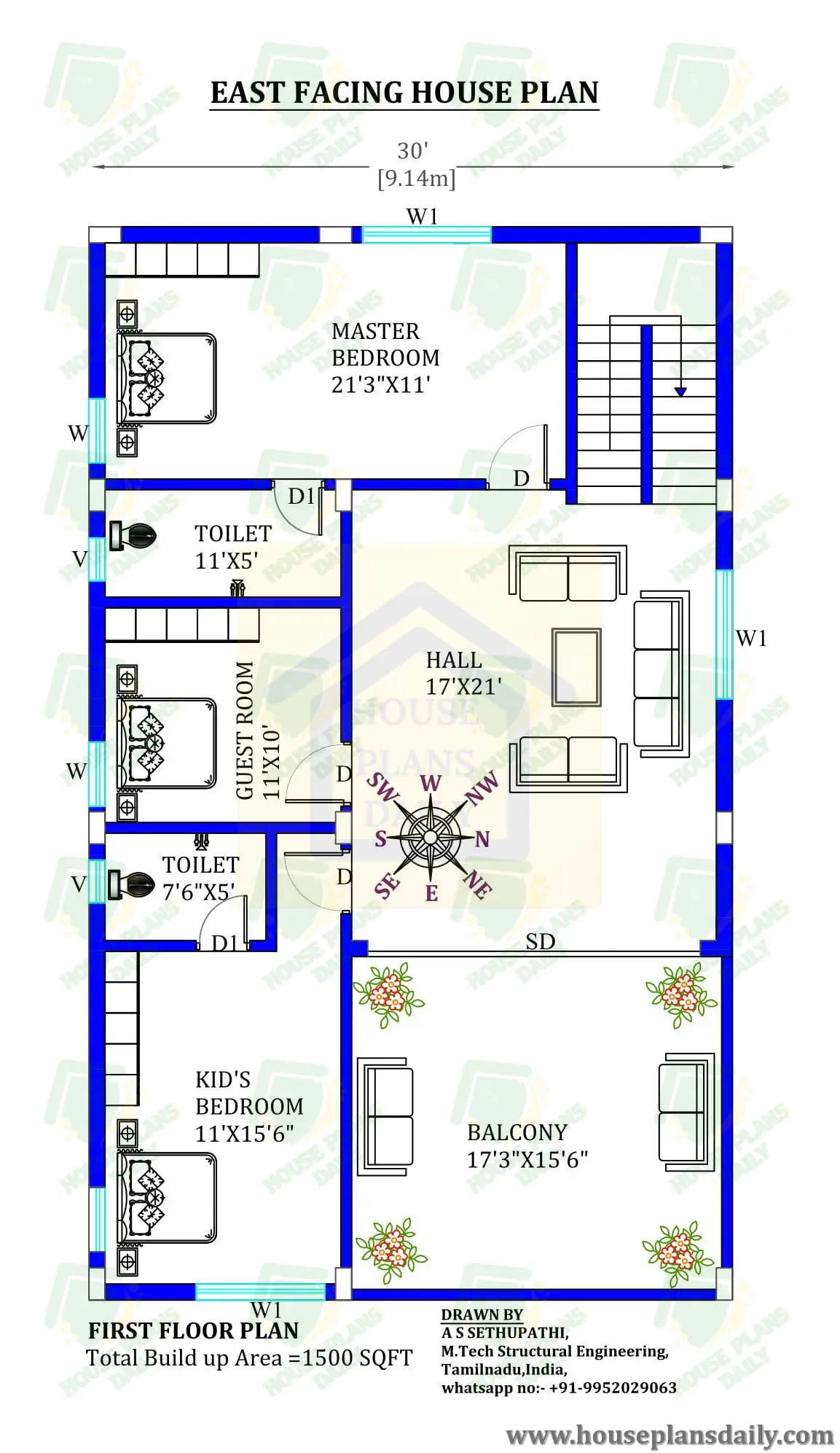 30x50 east facing Vastu plan