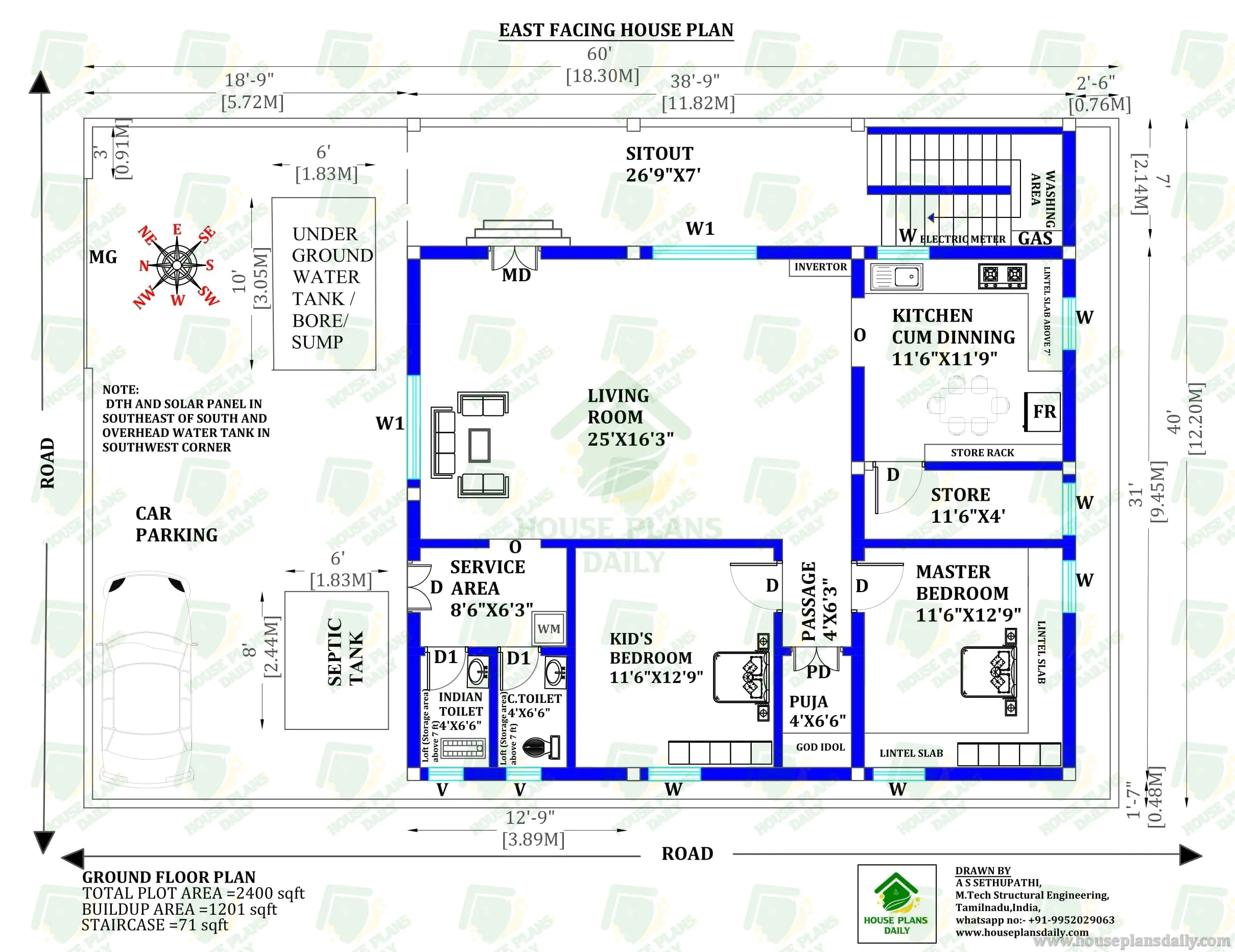 60x40 East Facing 2BHK House Plan with Large Living Room | 2400 Sqft Vastu Ground Floor Design