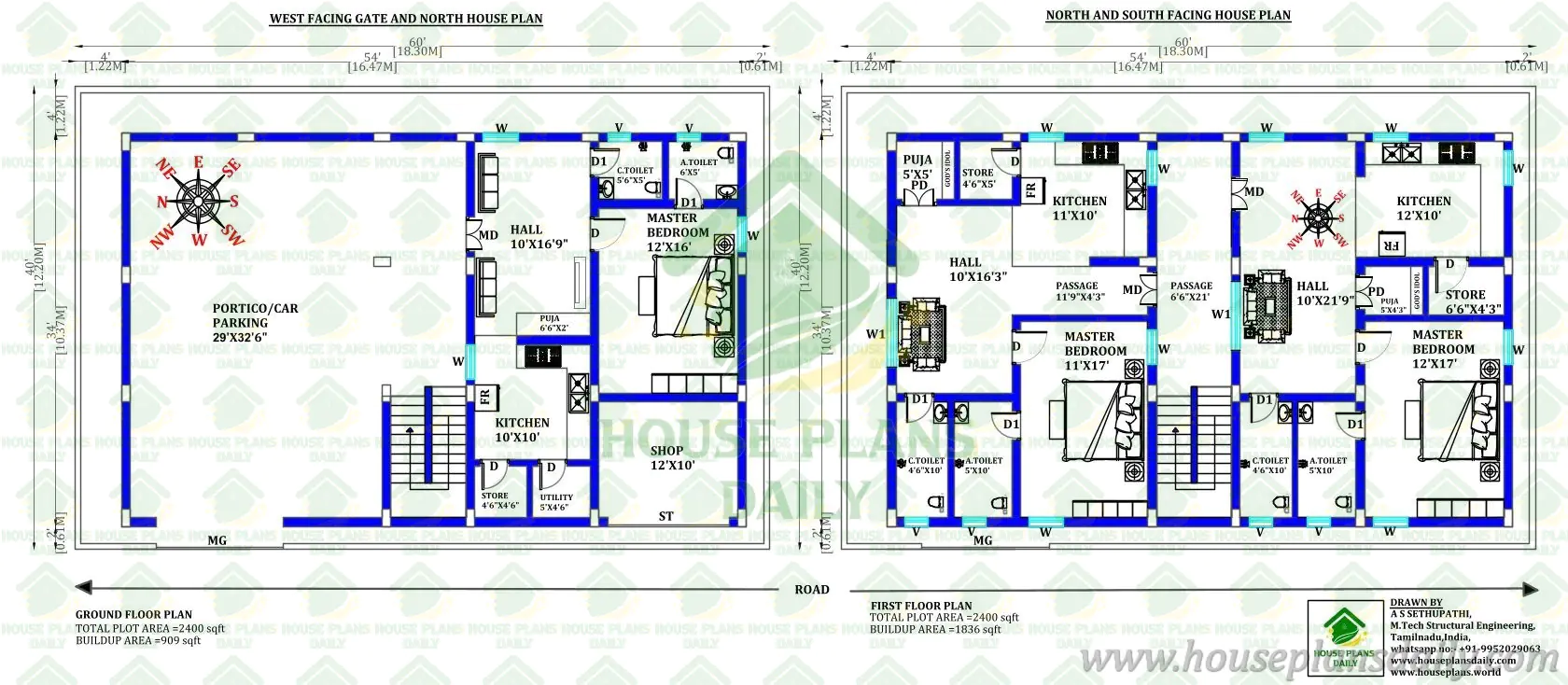 60x40 1BHK Rental House Plan | 3 Units with Car Parking