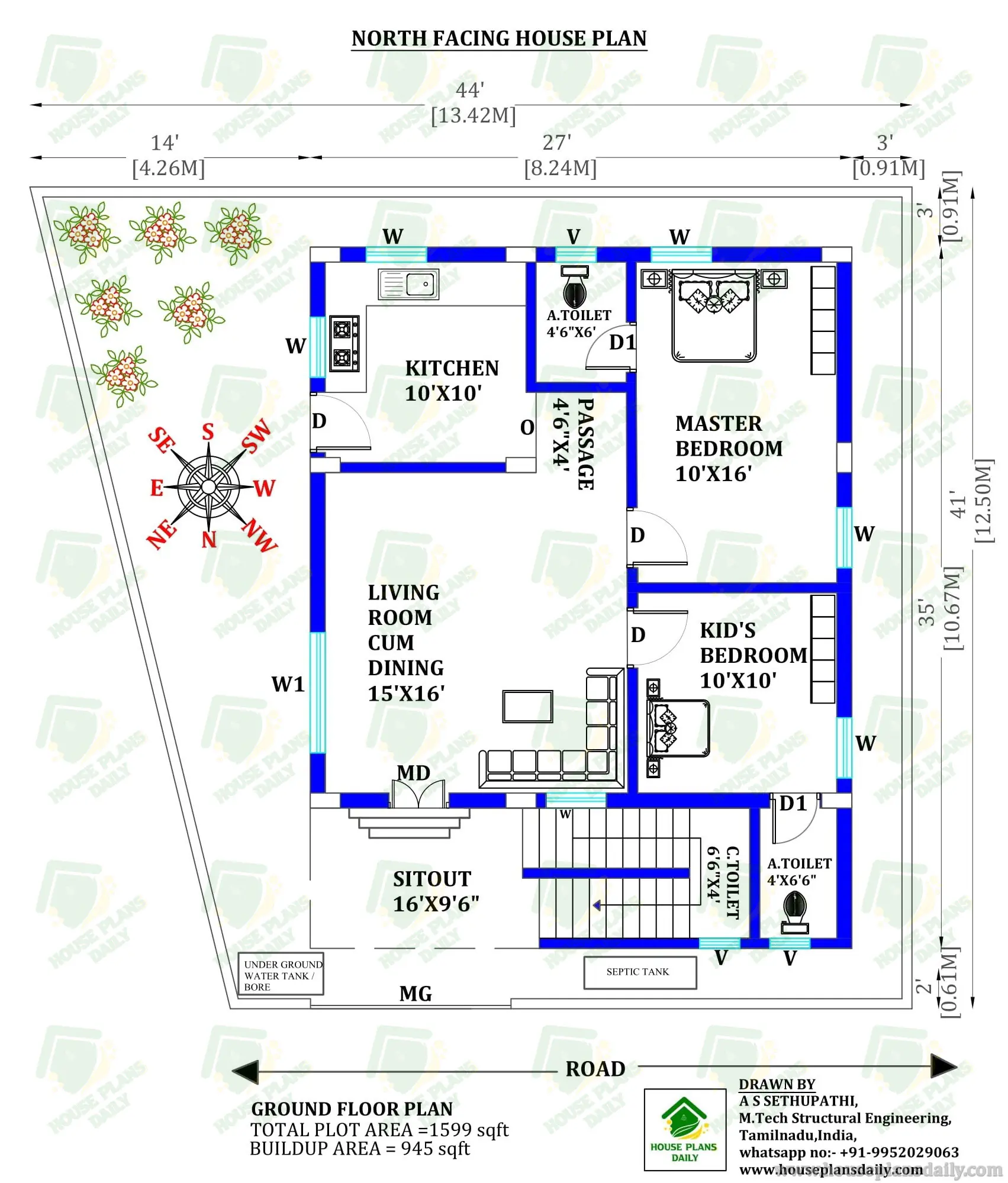 NORTH DIRECTION HOME PLAN | TWO ROOM HOUSE UNDER 1000 SQFT