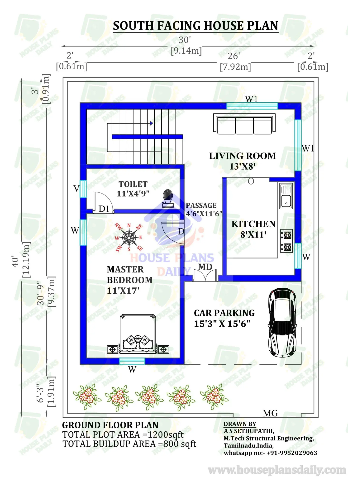 30x40 South Face House Plan with Car Parking