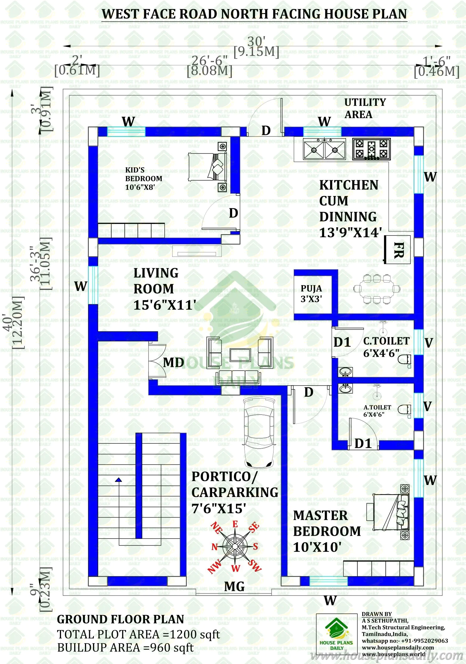 1200 sqft West Face Road North Facing House Plan | 2BHK Ground Floor