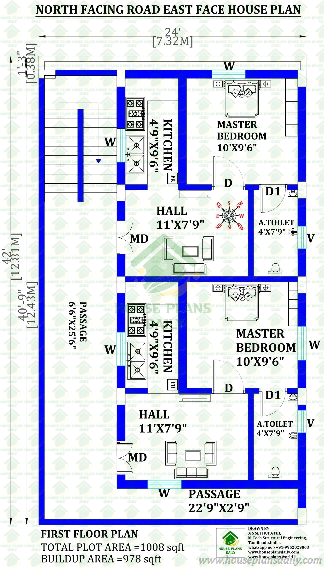 1008 Sqft East Facing Rental House Plan with Two Independent 1BHK Units