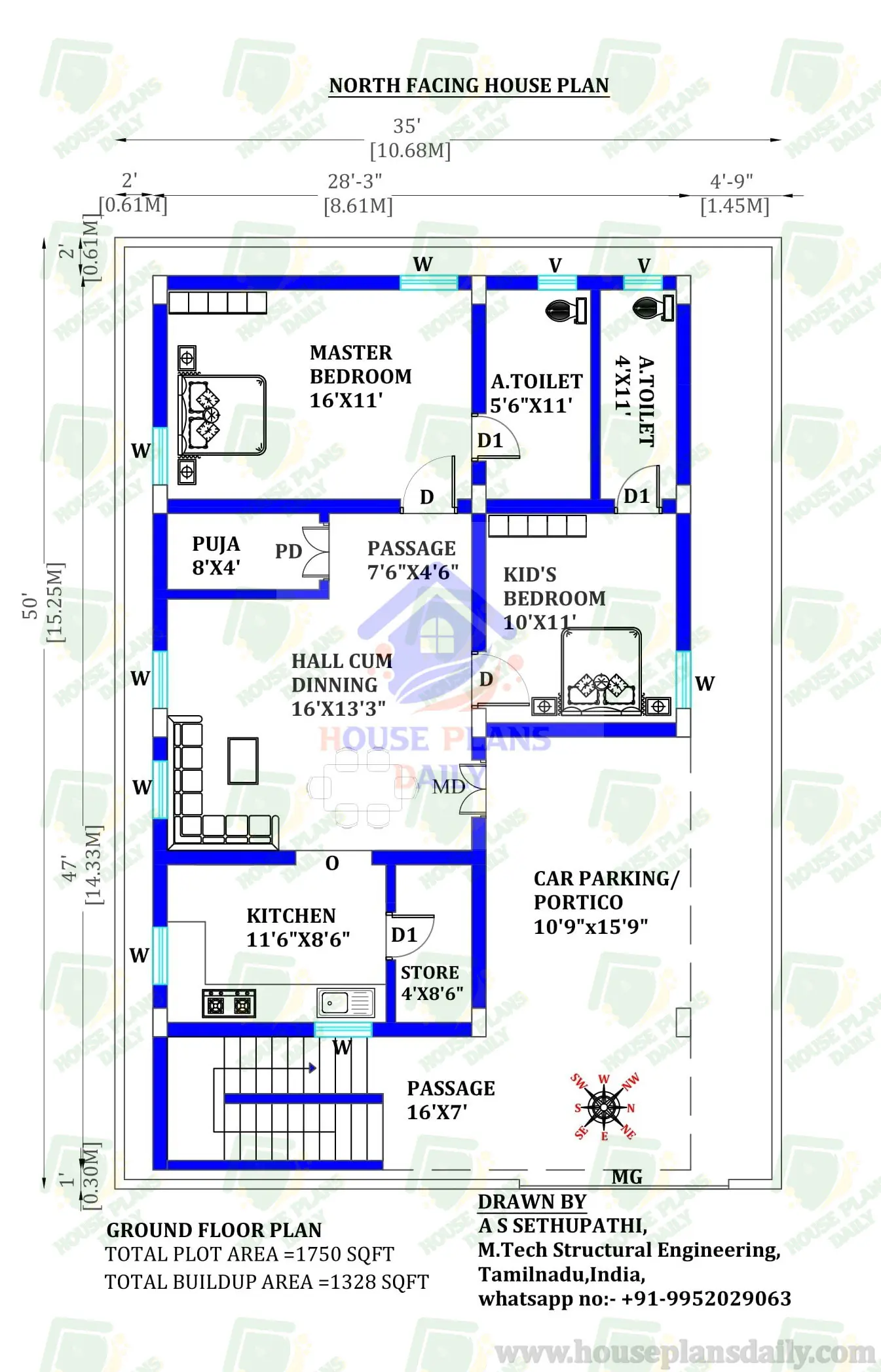 North Face Plan | North Face House Vastu Plan | 35x50 House Plan