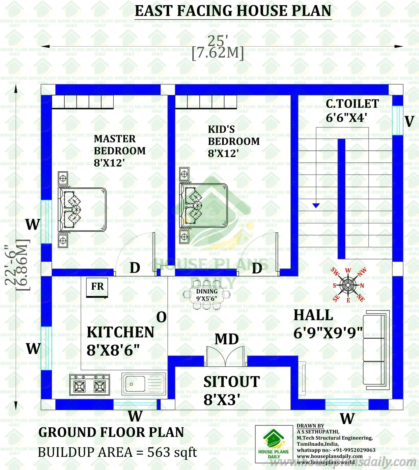 25x22 East Facing 2BHK Ground Floor House Plan
