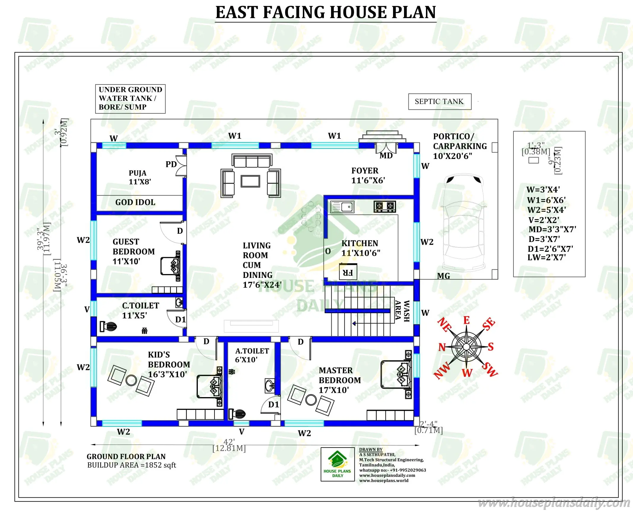 3bhk east facing house plan | 1800 sqft single floor house plan