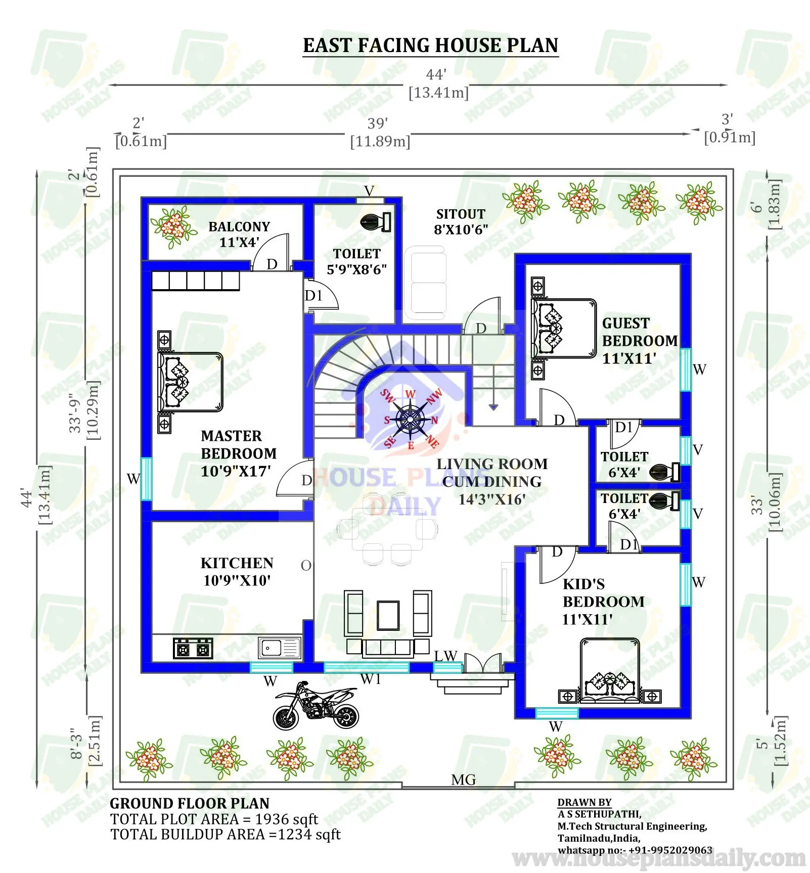 Duplex House Plan East Facing | House Plan for East Facing | 2000 sqft house plan