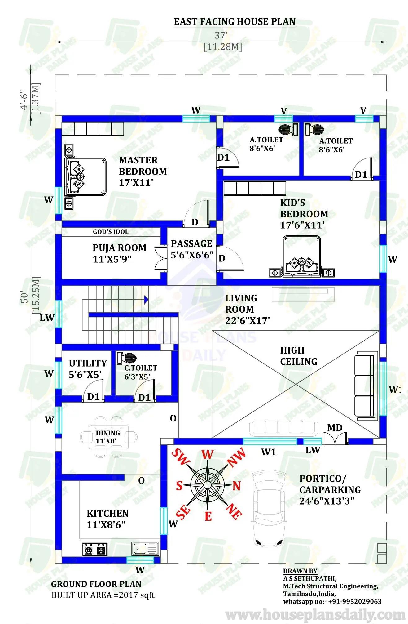 Vastu Plan East Facing House | Two Story House Plan | 2000 Sqft House Plan