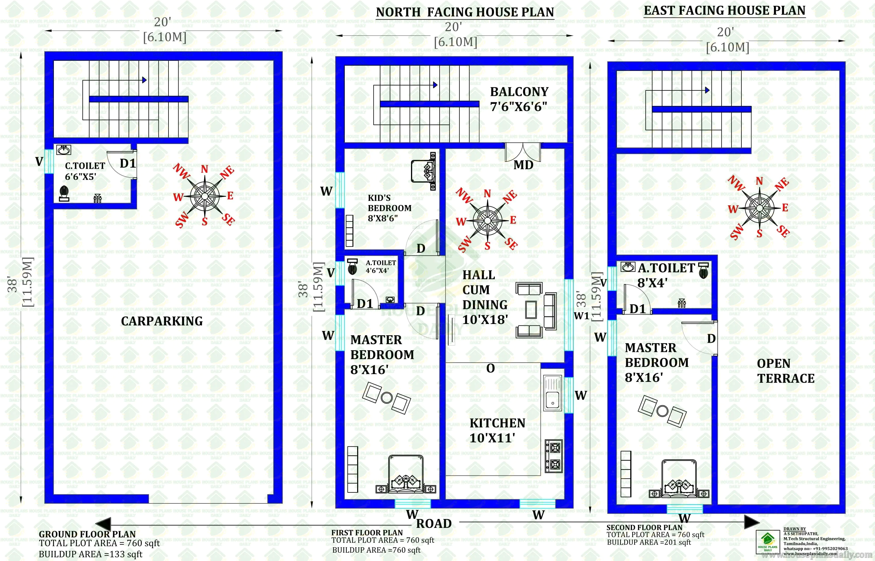 20x38 Gplus2 House Plan with Car Parking | North and East Facing Home