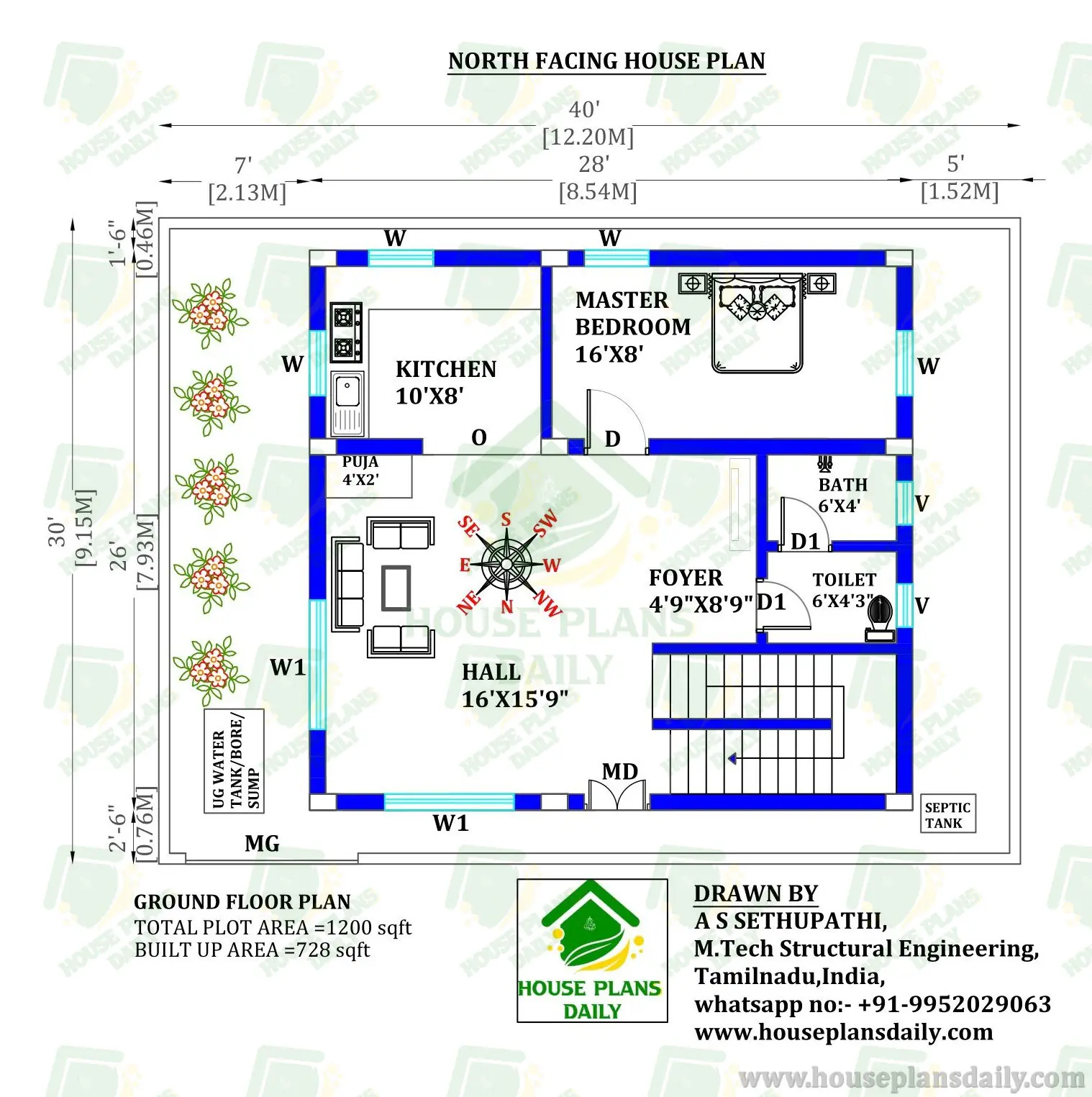40x30 House Plan | 2BHK Duplex House | North Facing Duplex House