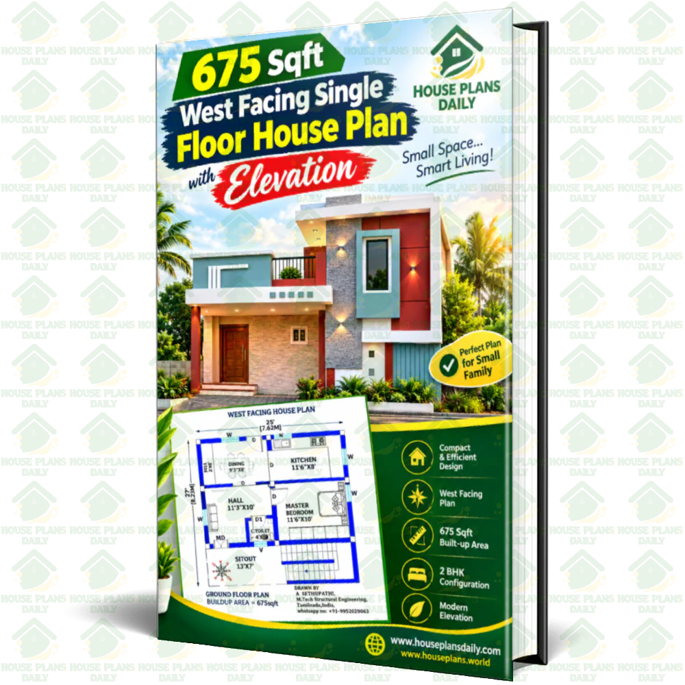 675 Sqft West Facing Single Floor House Plan with Elevation