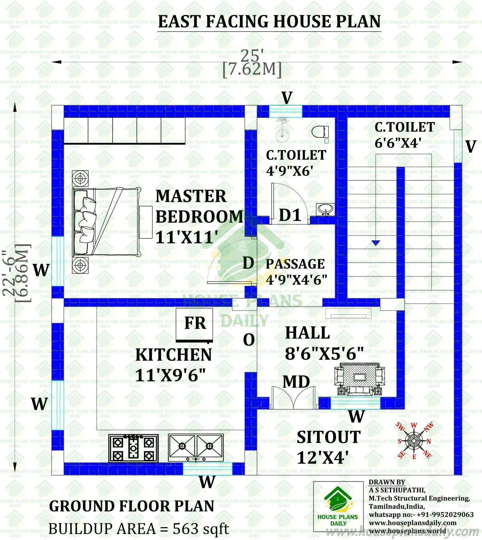 25x22 East Facing 1BHK House Plan | 563 Sq Ft Ground Floor Vastu Design