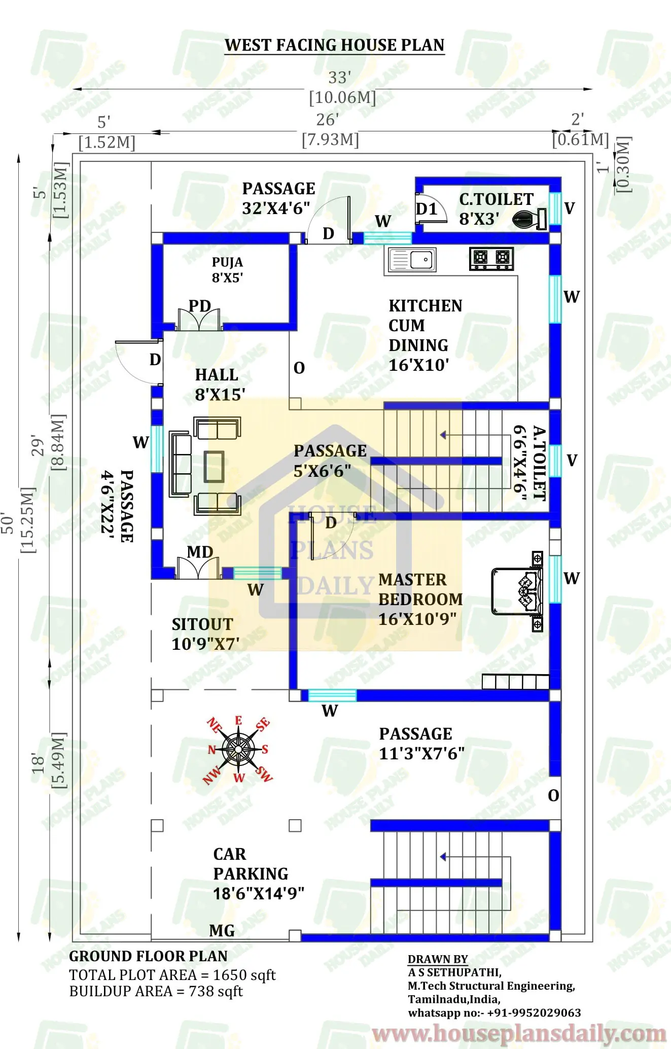 North and West Facing House Plan | 33x50 Designed House