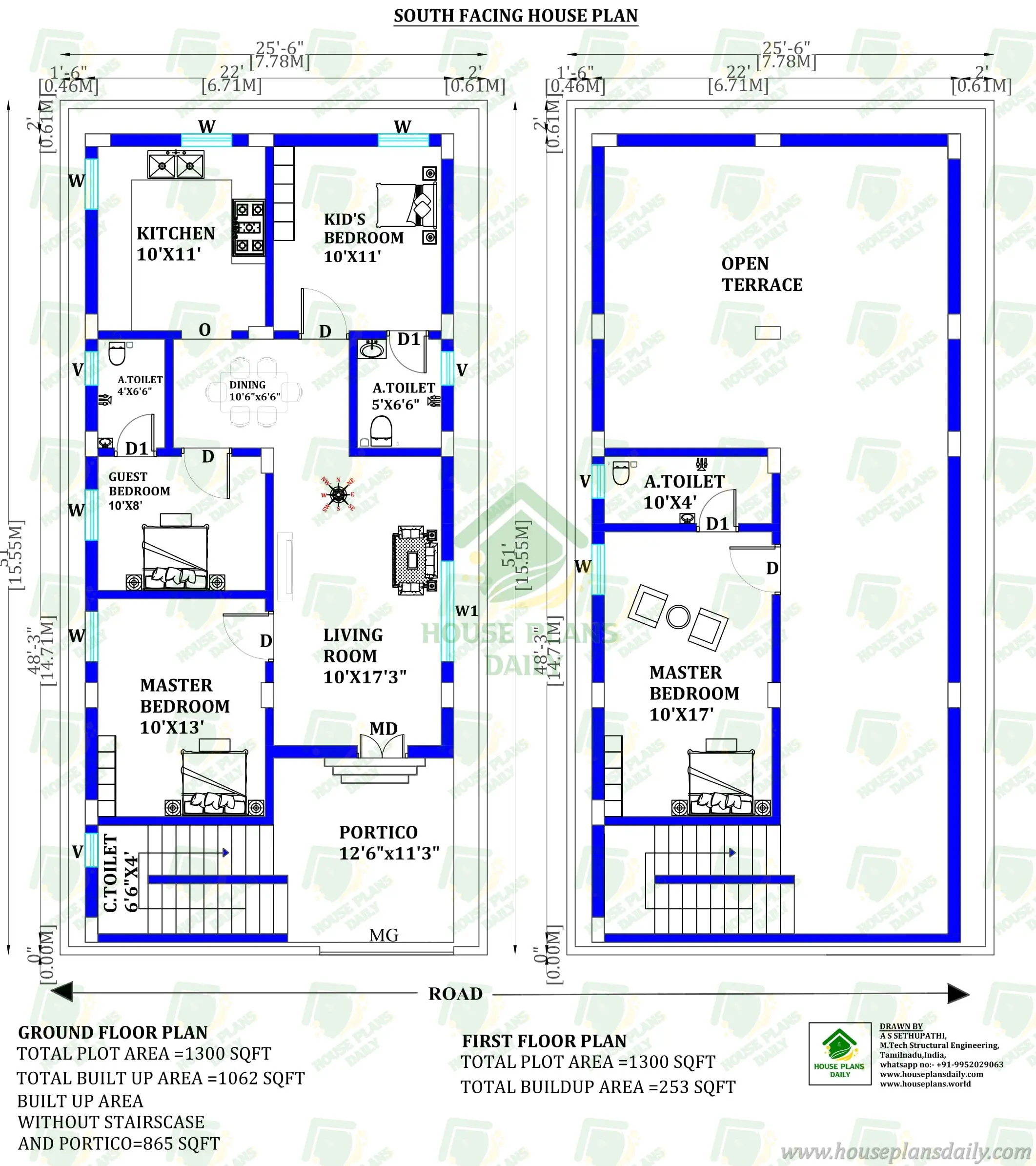 South Facing Independent House Design | 3bhk House Plan