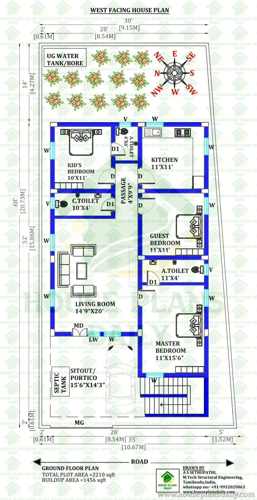2210 Sq Ft Plot West Facing House Plan | 3 Bedroom Ground Floor Design