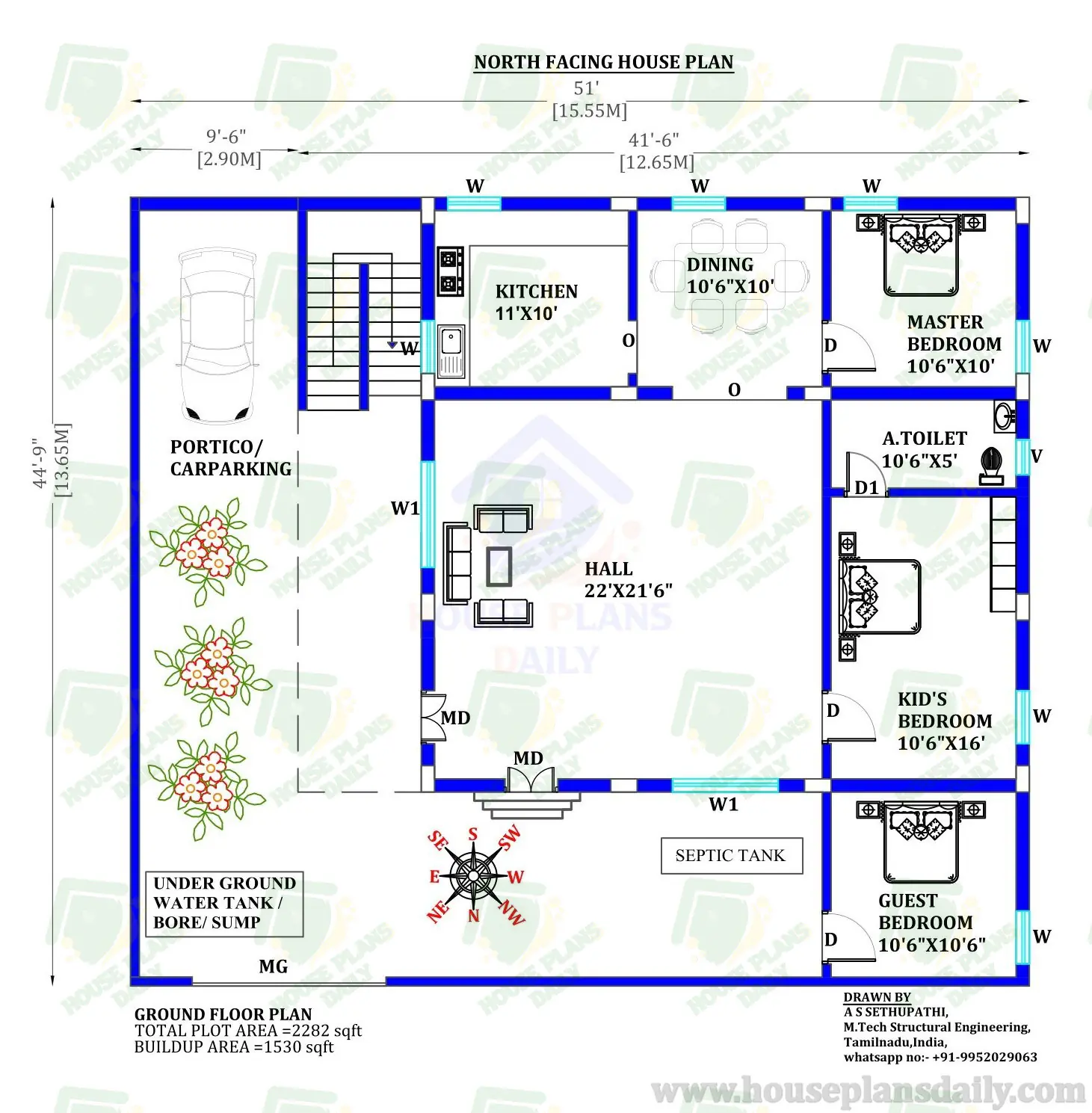 3bhk House Plan | 3 Room House Plan | North Facing Plan