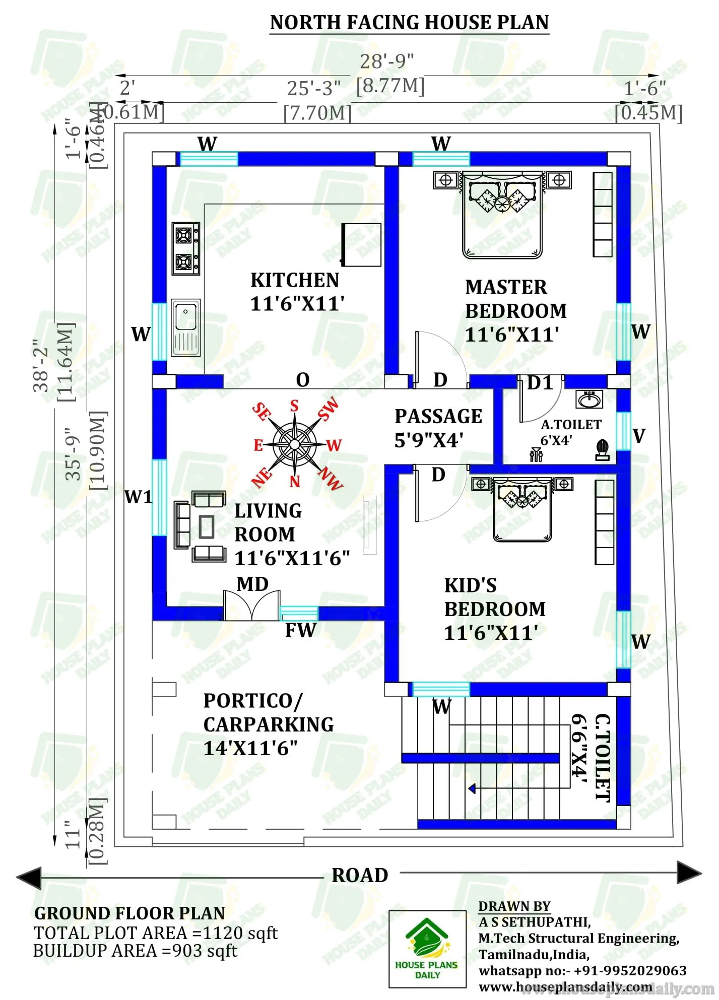NORTH FACING 2 BHK HOUSE PLAN | 2 BEDROOM HOUSE DESIGN
