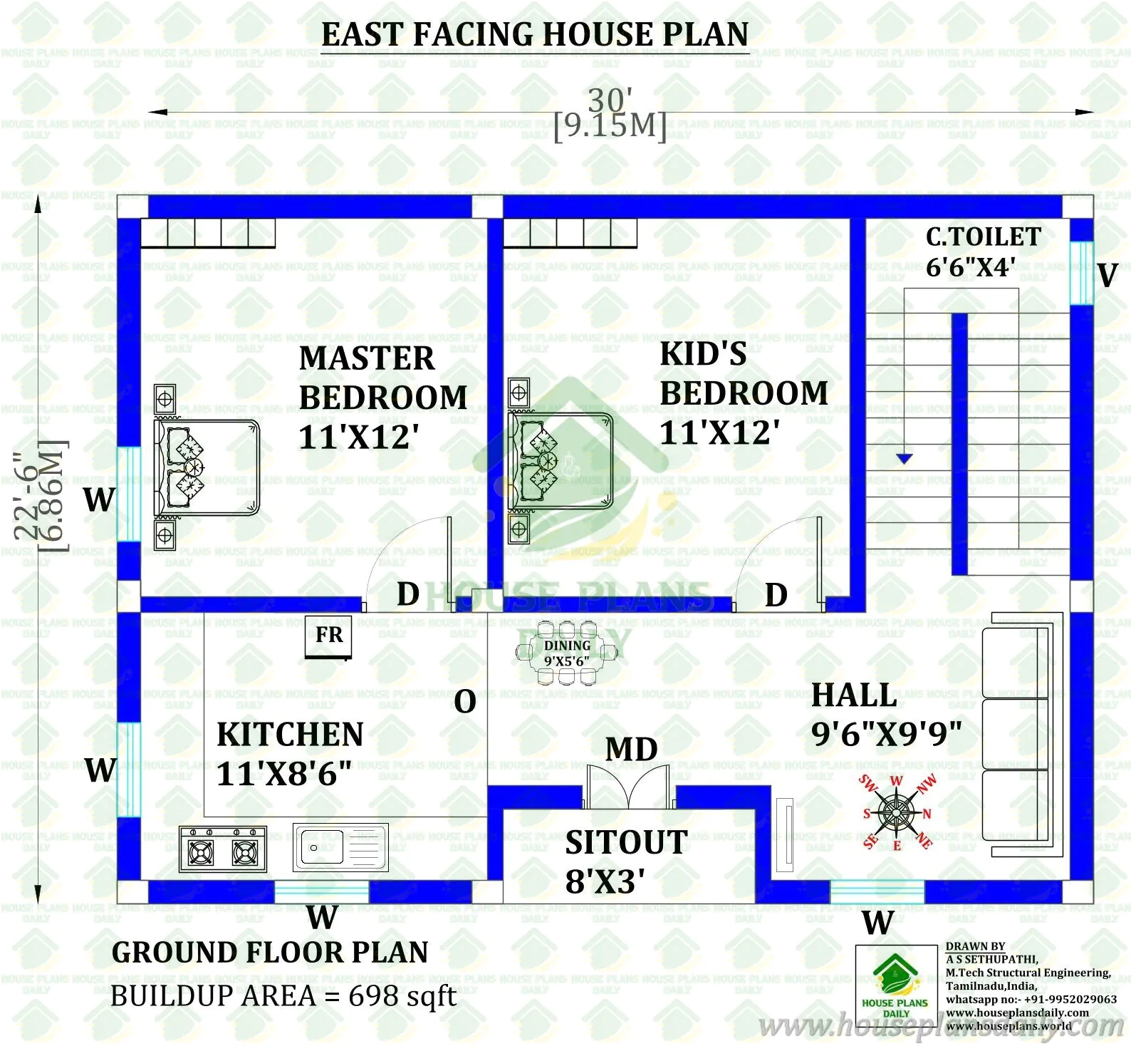 30x22 East Facing 2BHK Ground Floor House Plan