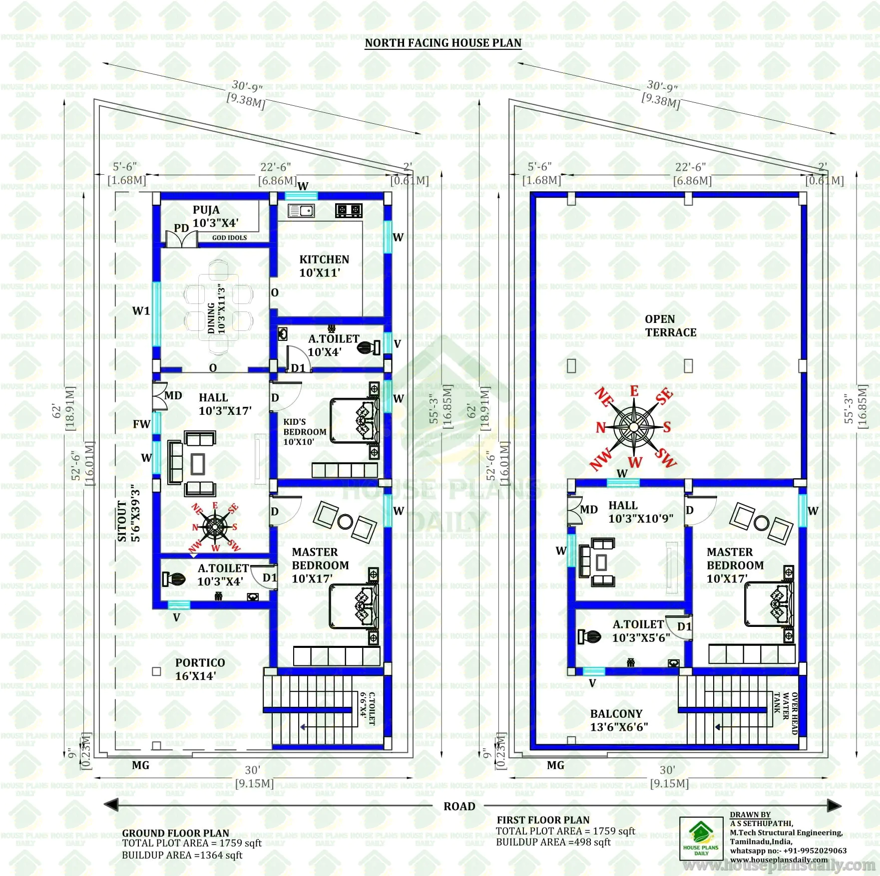 30x62 Modern North Facing 3BHk House  Design