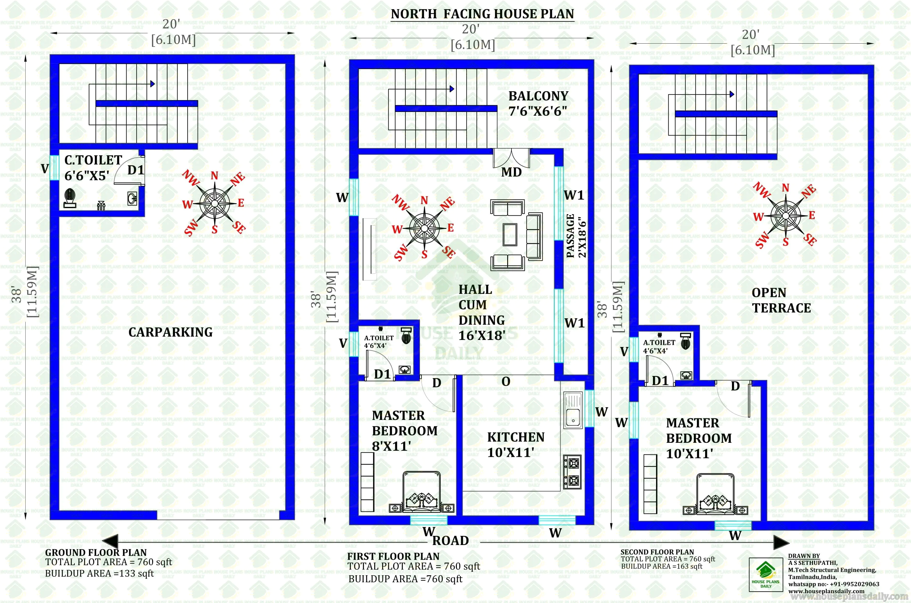 20x38 North Facing Gplus2 House Plan | 760 Sqft
