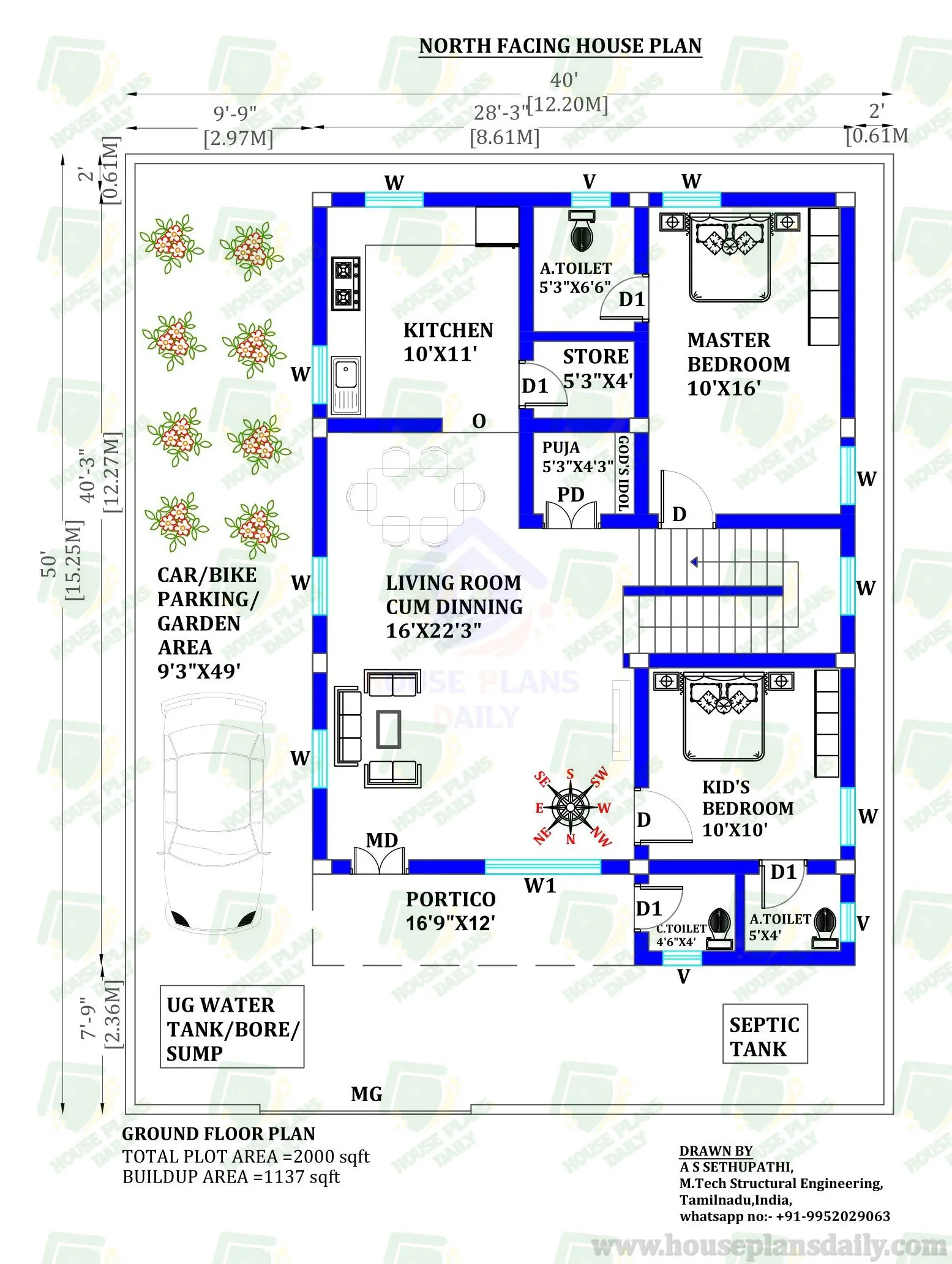 Plan for Duplex House in 40x50 Site | North Facing Duplex House Plan