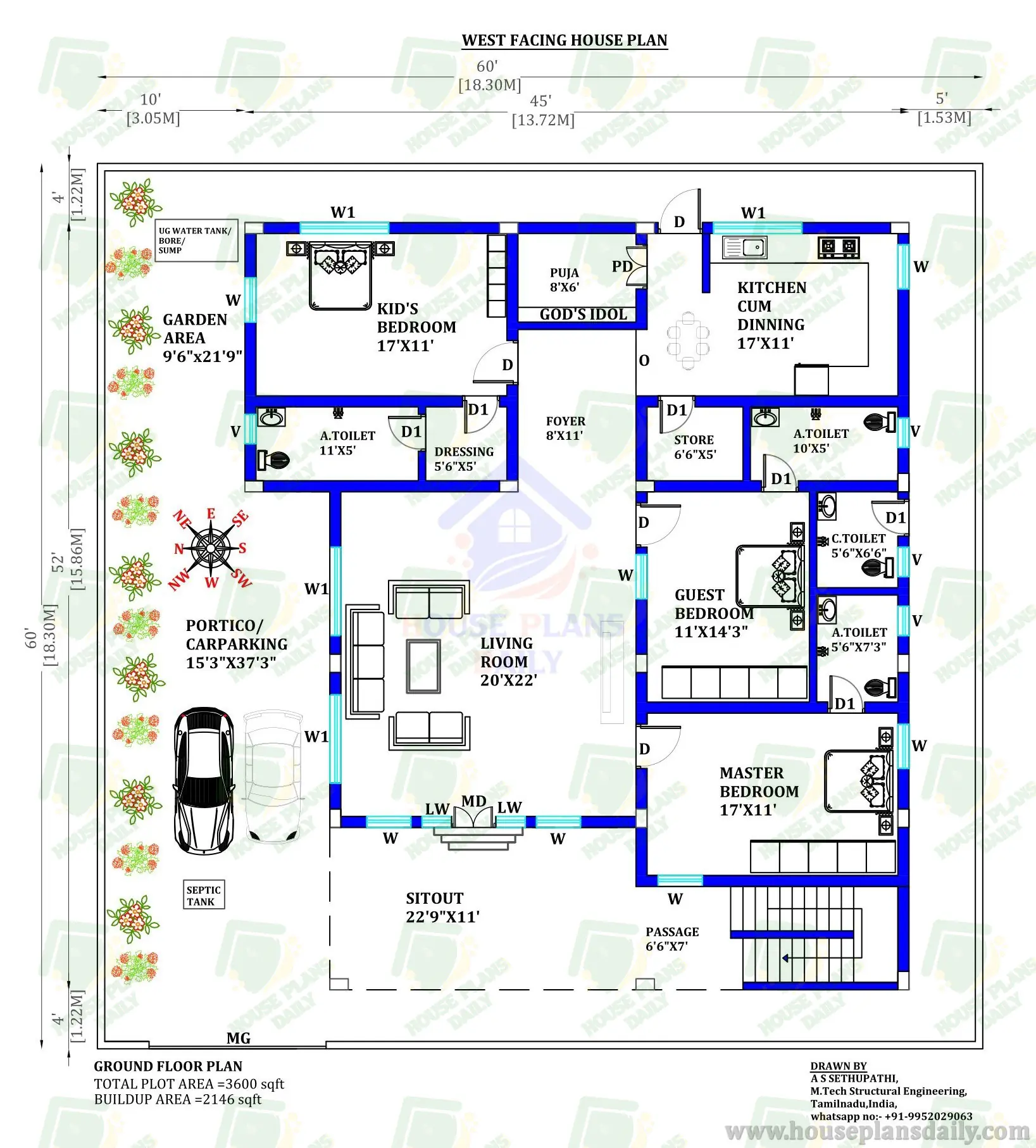 60x60 House Plan | 3 BHK House | 2 Bedroom Home Plan