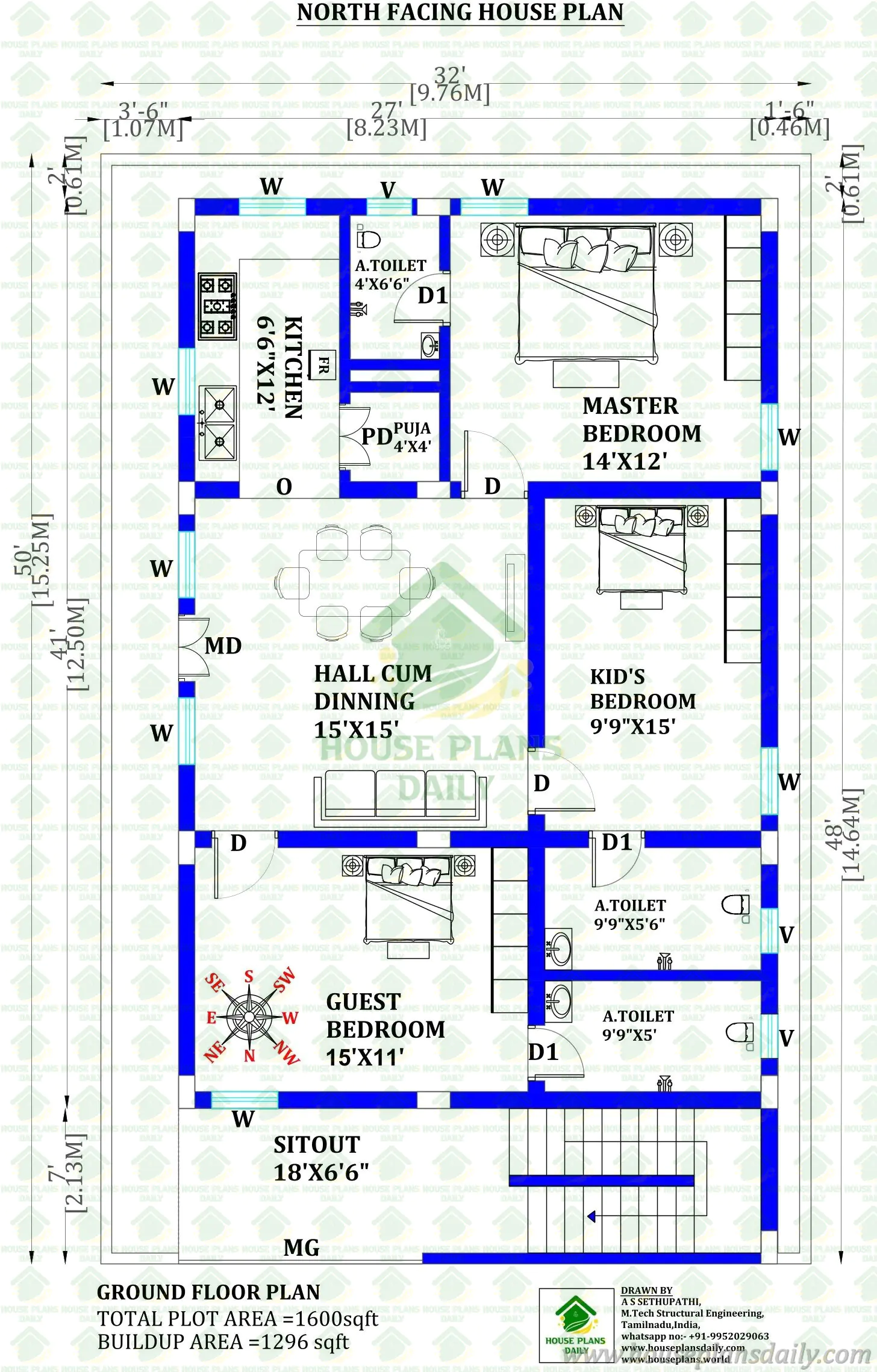 North Facing 3BHK Ground Floor House Plan | 1600 Sq Ft