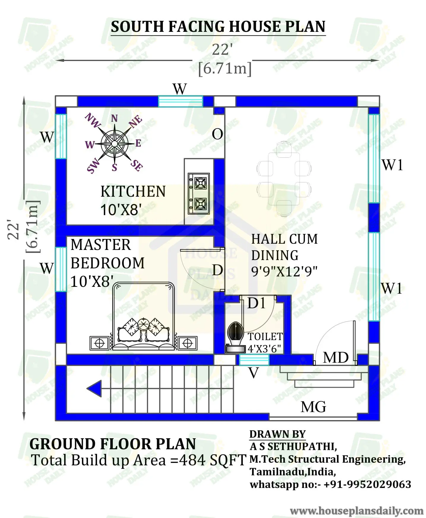22x22 Best South Face Vastu House Plan