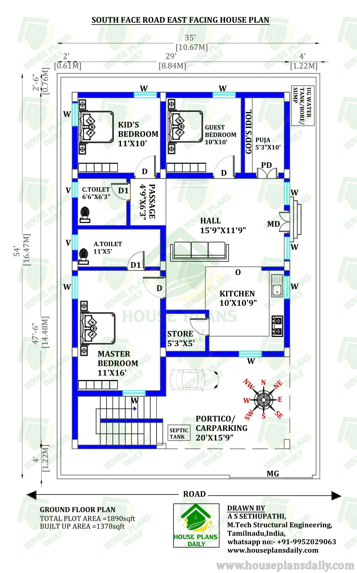 3 Bedroom House Plans Low Budget | South Road East Facing House
