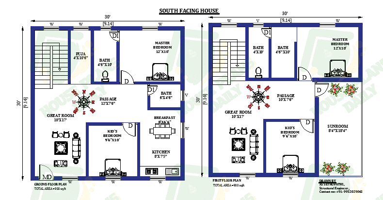 30x30 South Facing House Plans As Per Vastu