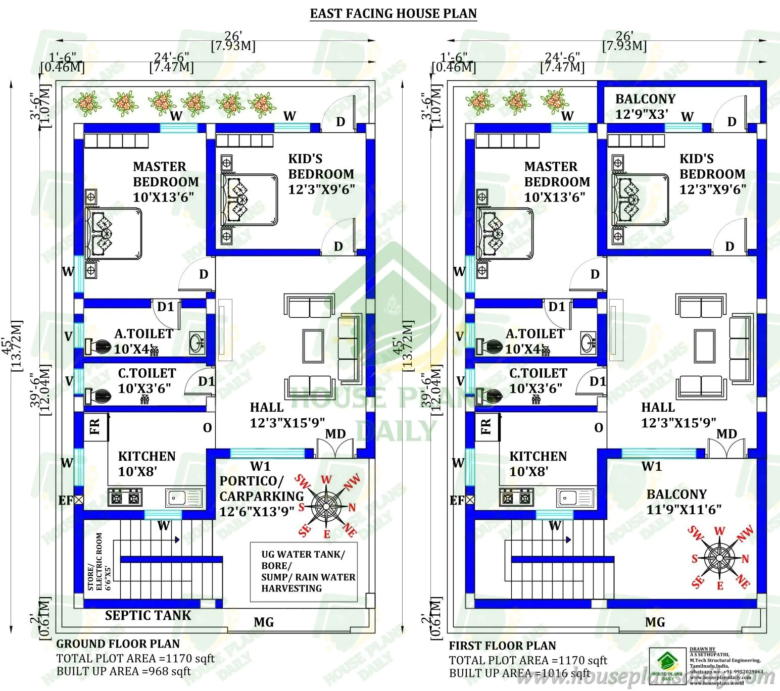 2BHK East Facing House Plan as per Vastu | 1170 Sqft Two Floor Home Design