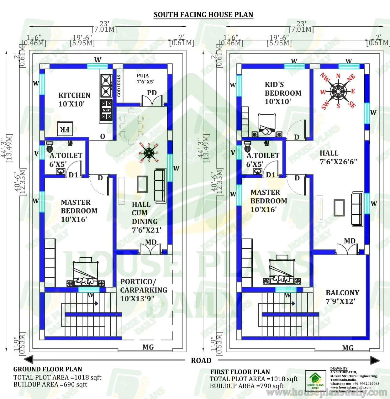 South Facing 1018 Sq Ft Duplex House Plan | 3 Bedroom Vastu Home Design (G+1)