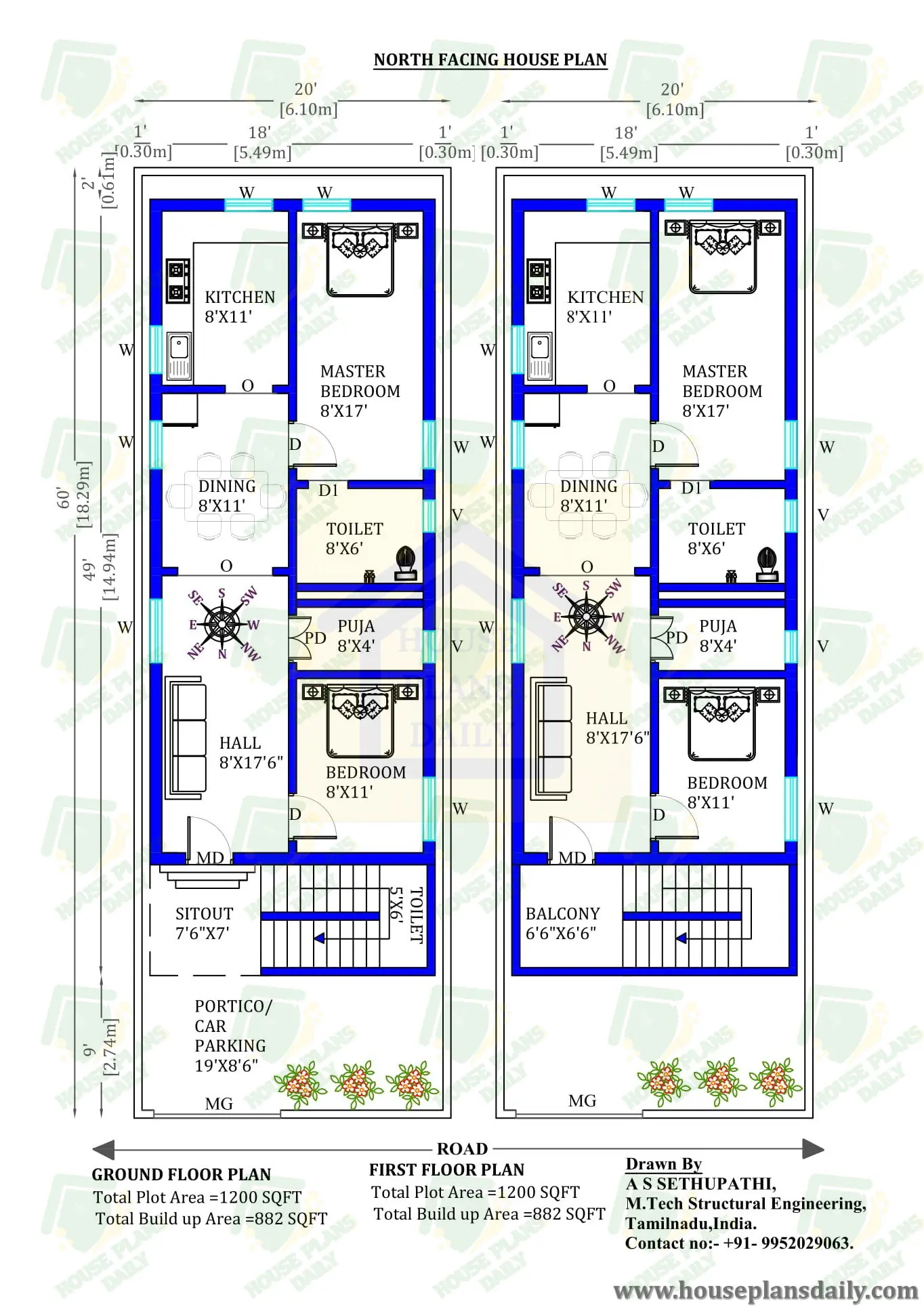 20x60 Modern House Plan | 20×60 House Plan Design | 20 x 60 2BHK House Plan
