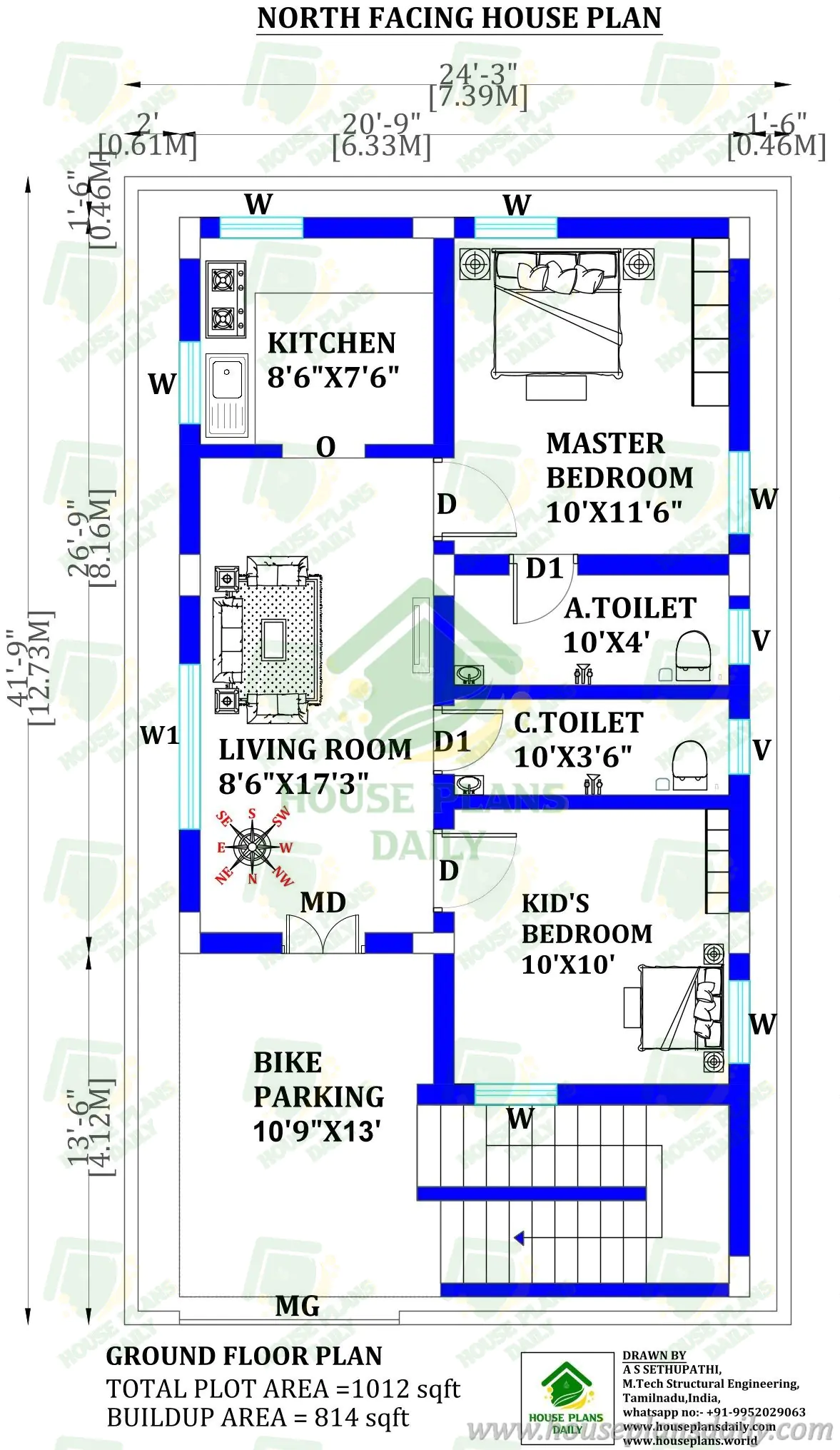 2BHK North Facing House Plan Under 1000 Sqft | Simple Ground Floor Layout with Parking