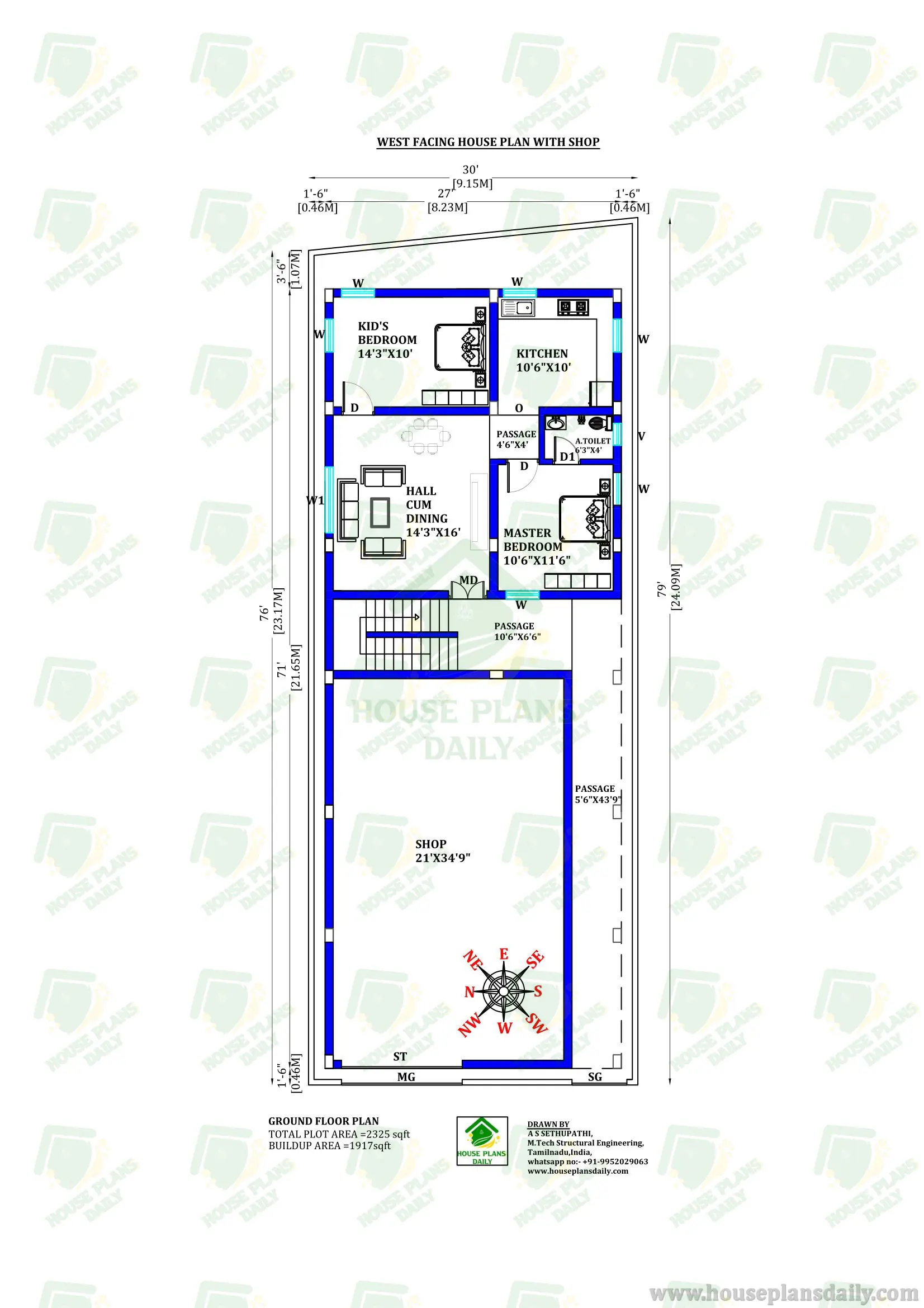 West Facing House Plan with Shop | House Structural Drawing