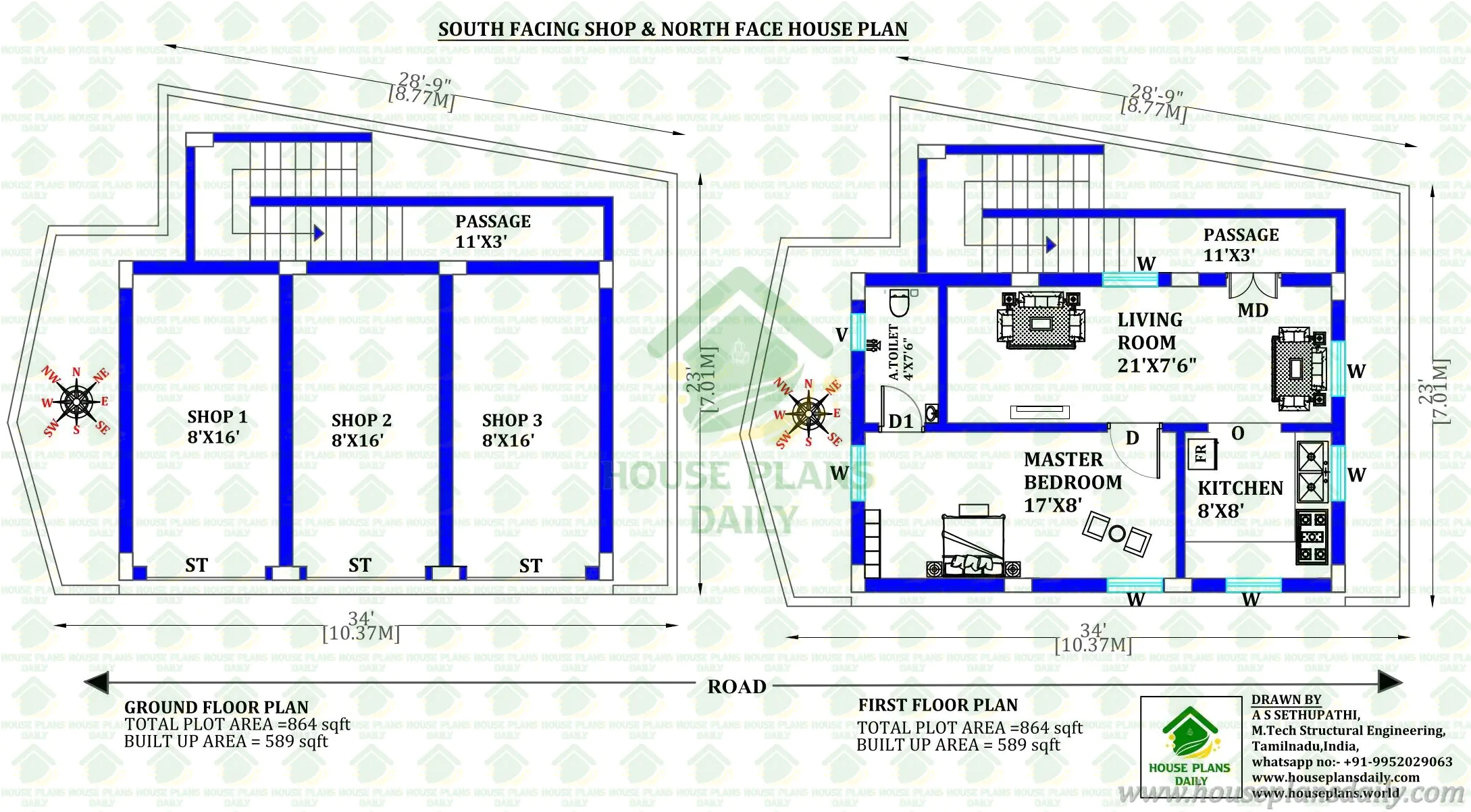 34x29 South Facing Shop & North Facing 1BHK House Plan