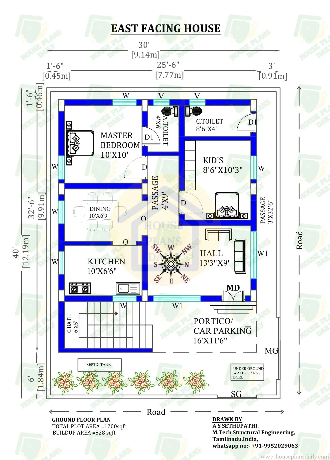 2BHK House Plan | 30x40 East Facing House Vastu Plan | 1BHK Plan