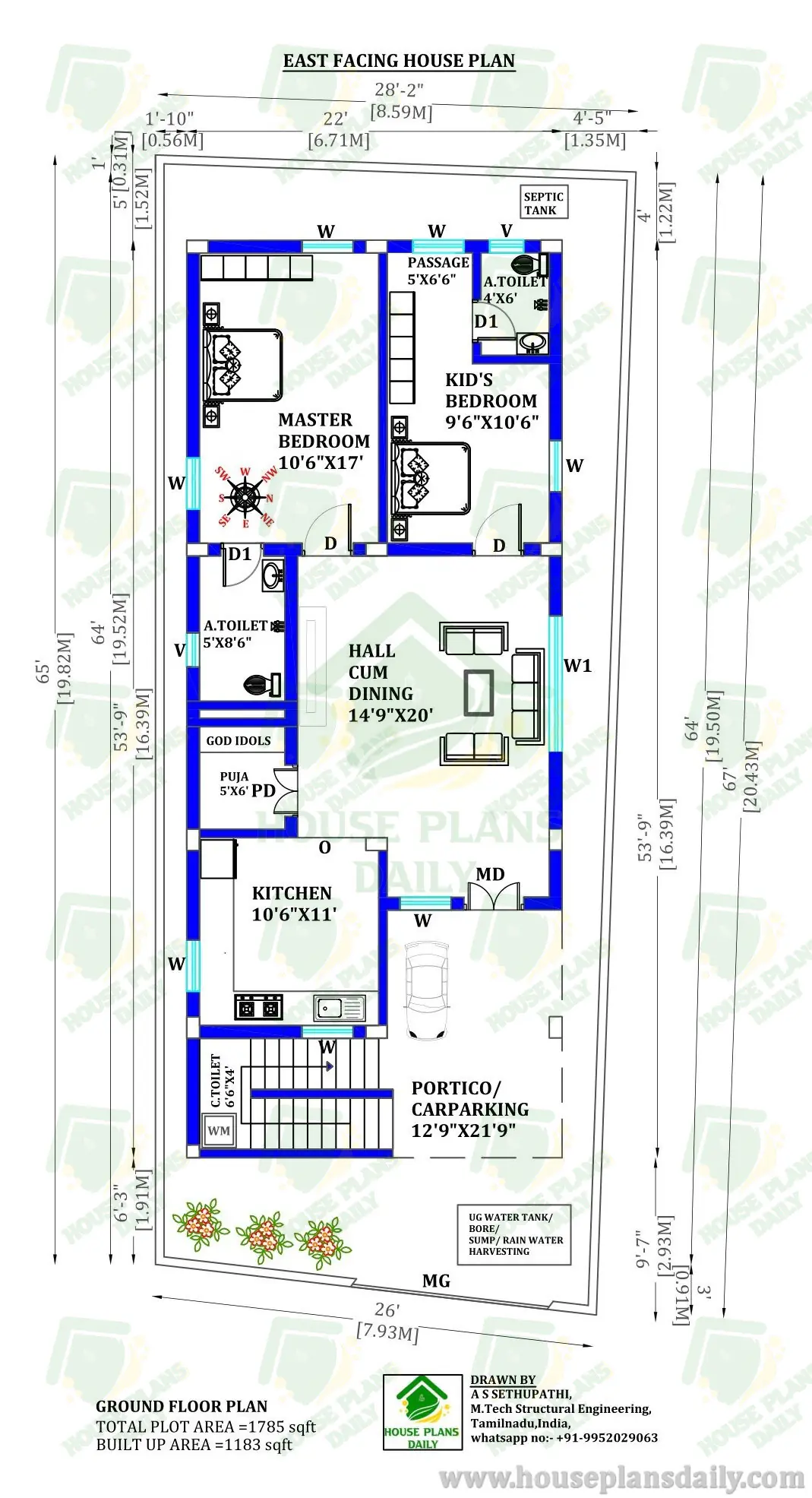 2 bhk House Plan in 1200 Sq ft | 22 by 64 House Plan with Car Parking