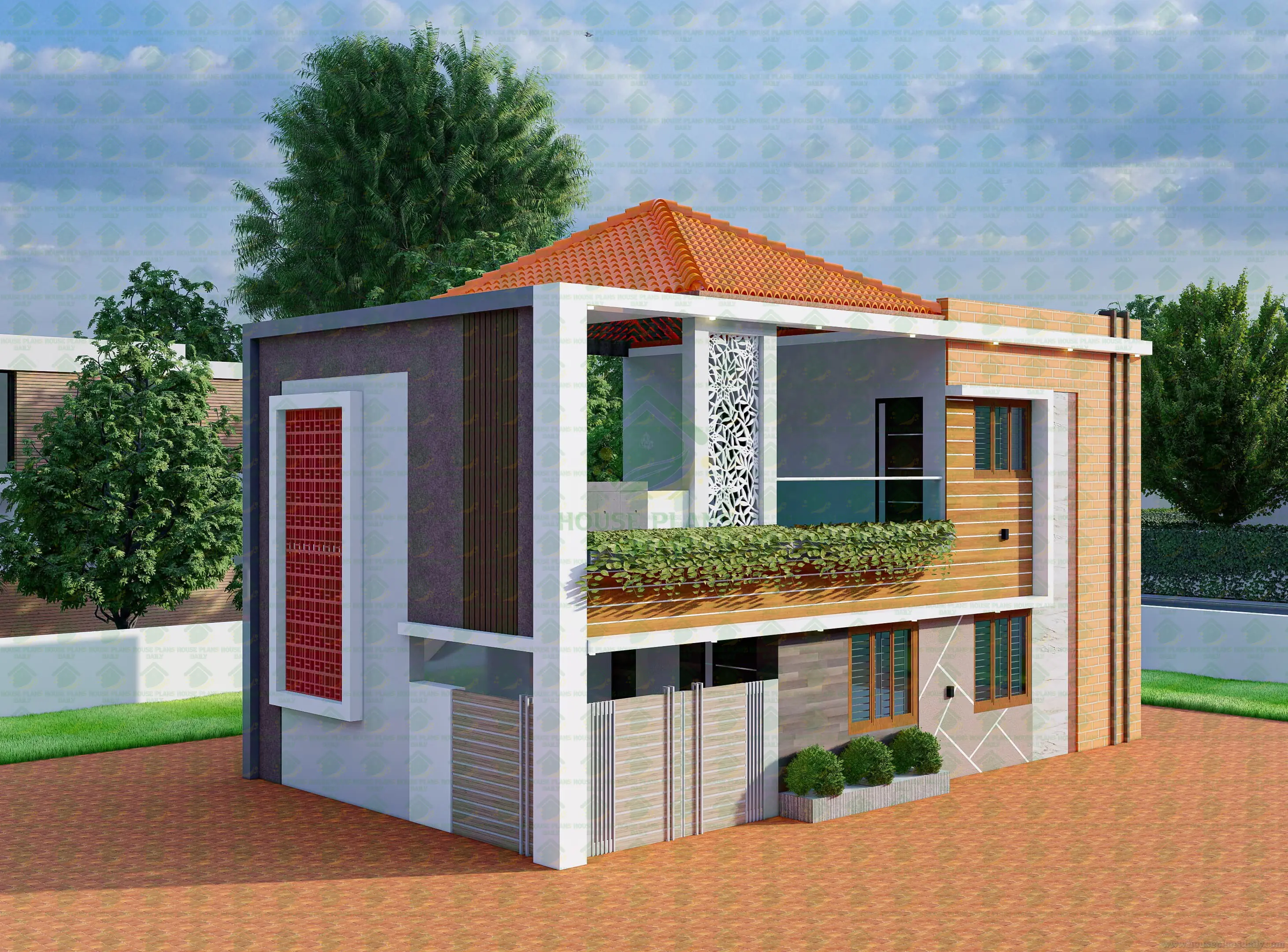 East Facing Home Architecture with Brick and Tile Accents