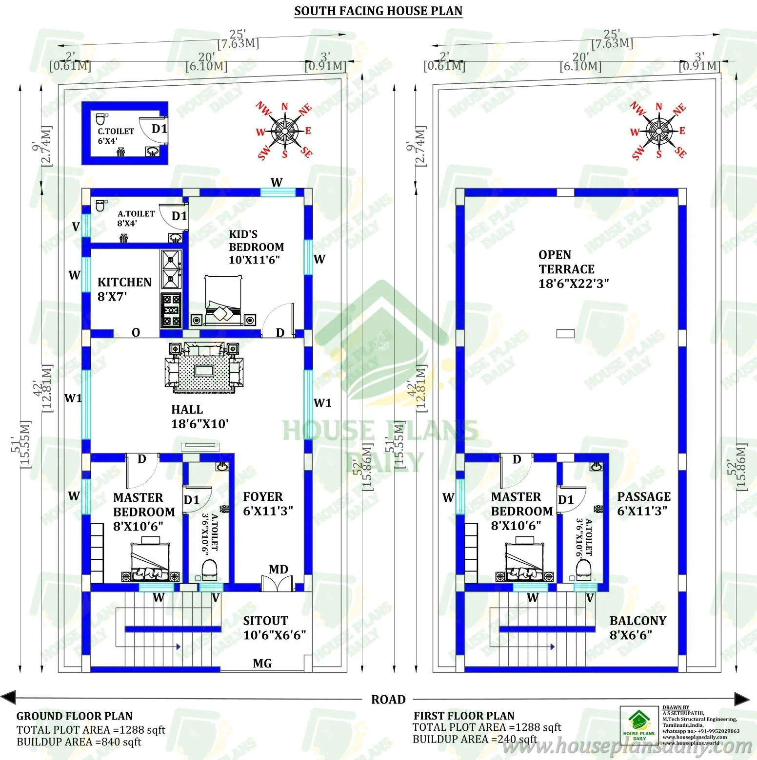 25x50 South Facing 3 Bedroom House Plan with Measurements