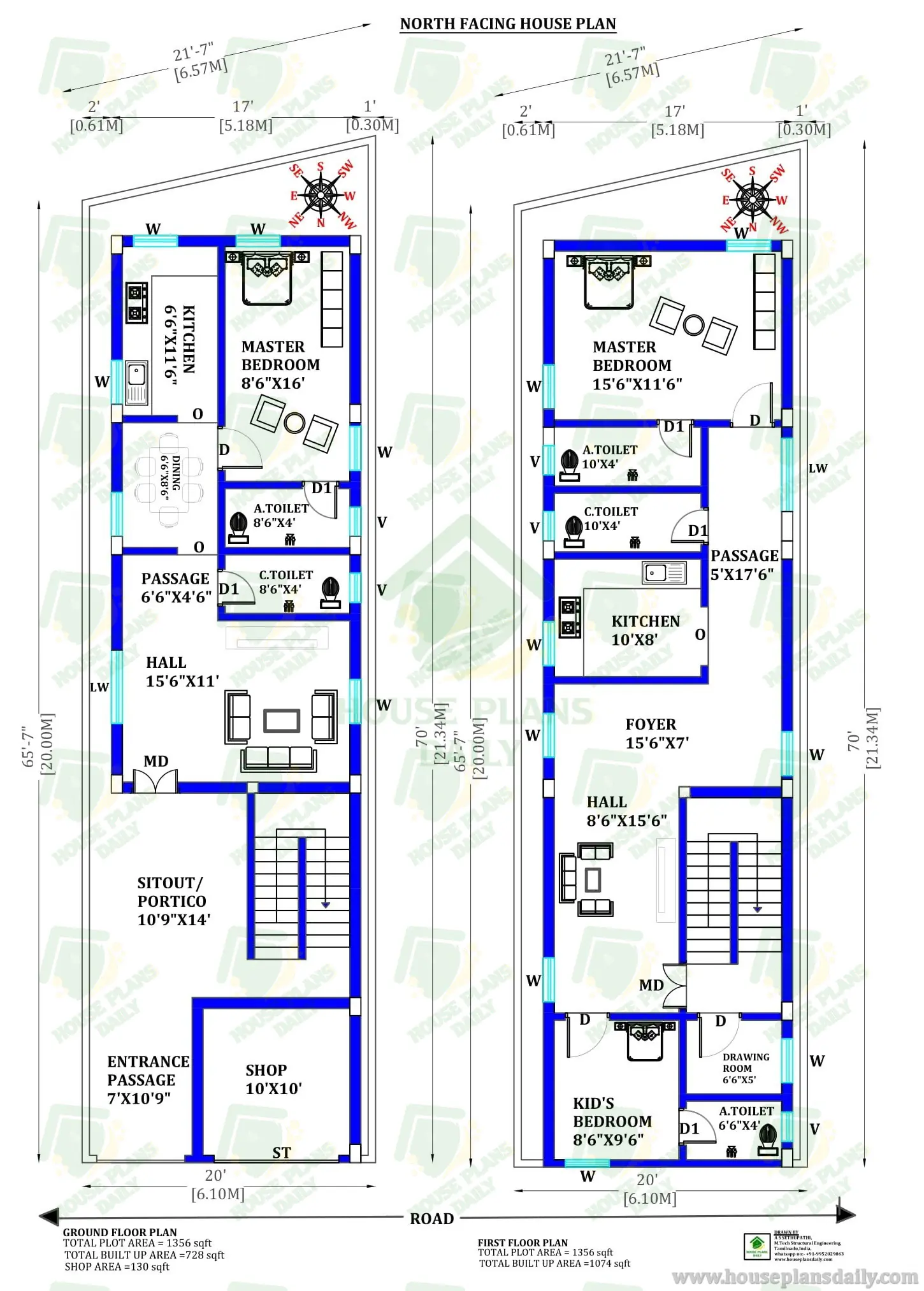 20X65 HOUSE PLAN | NORTH FACING HOUSE PLAN WITH SHOP
