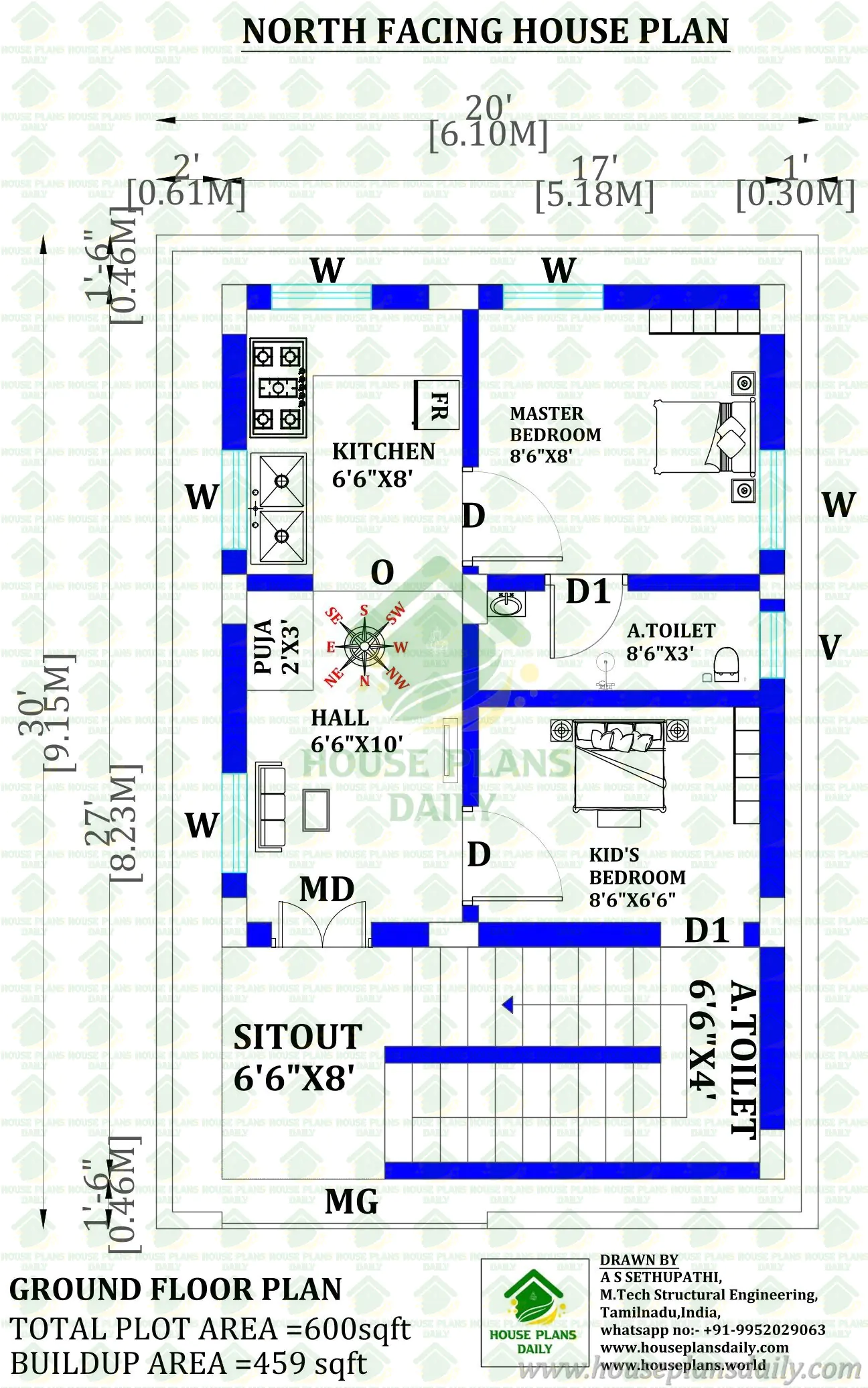 20x30 North Facing 2BHK Ground Floor House Plan | 600 Sqft