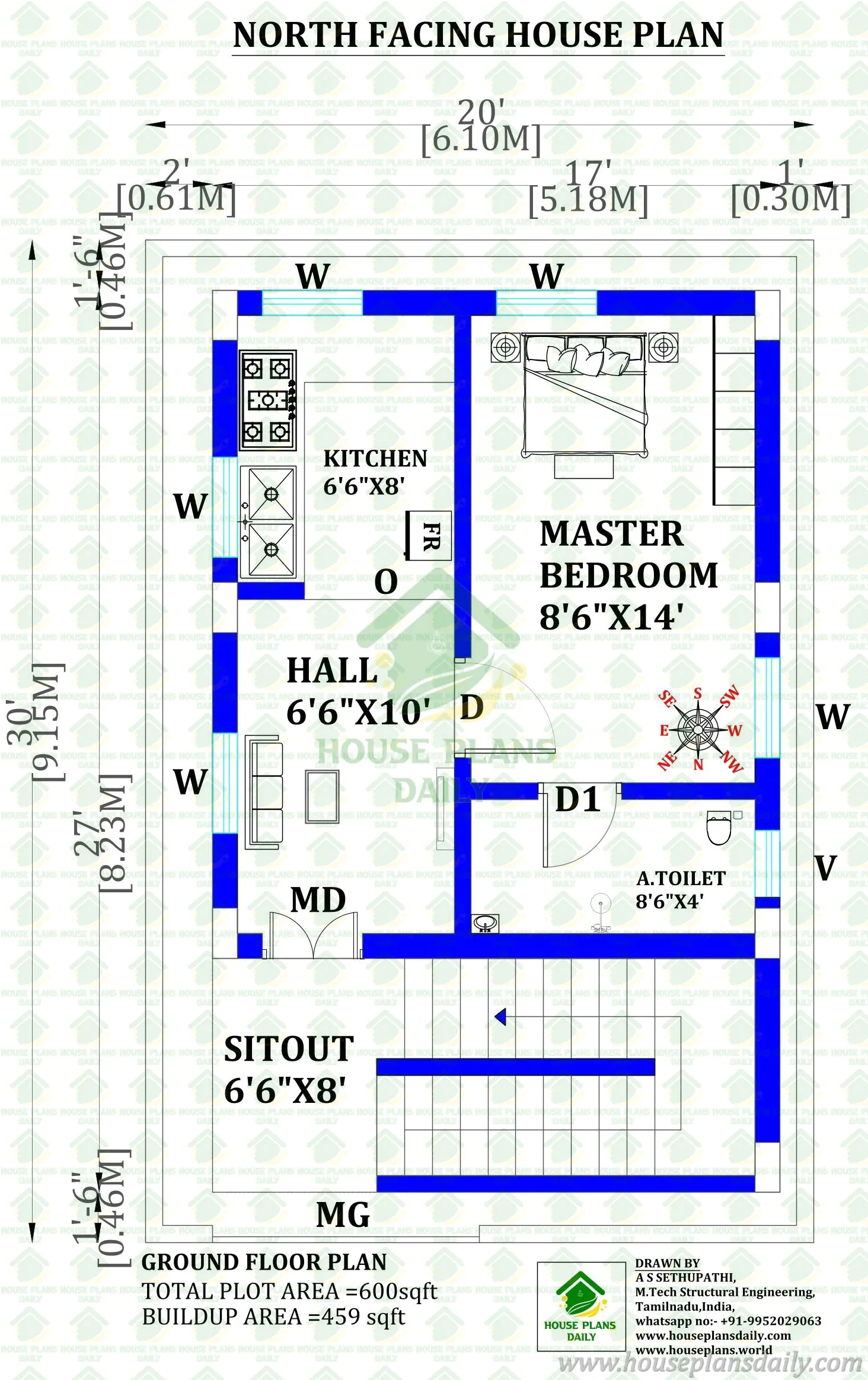 20x30 North Facing 1BHK House Plan | 600 Sq Ft Modern Home Design