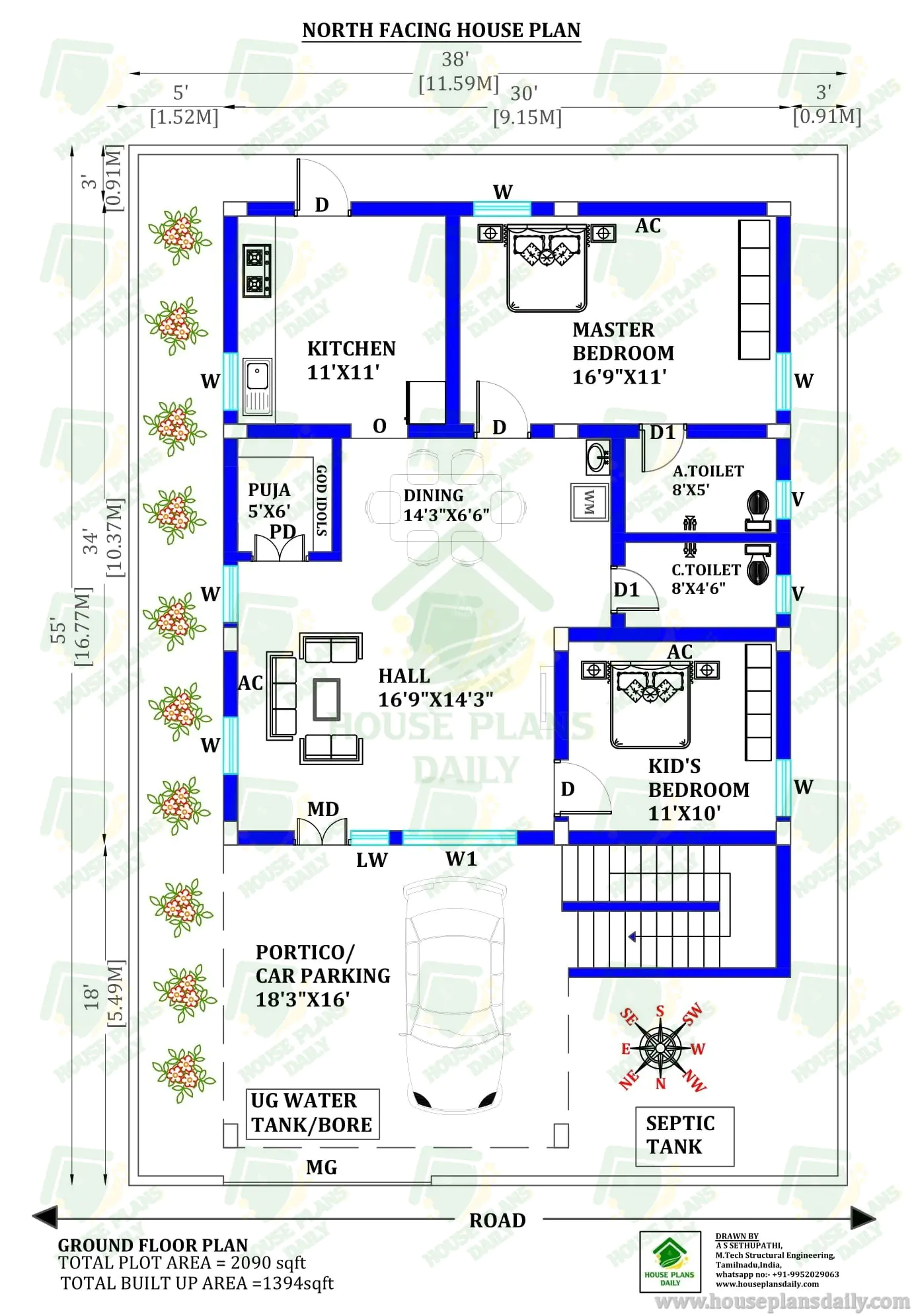 North Facing Ground Floor House Plan | 2 Bedroom Vastu Home on 2090 Sq Ft Plot