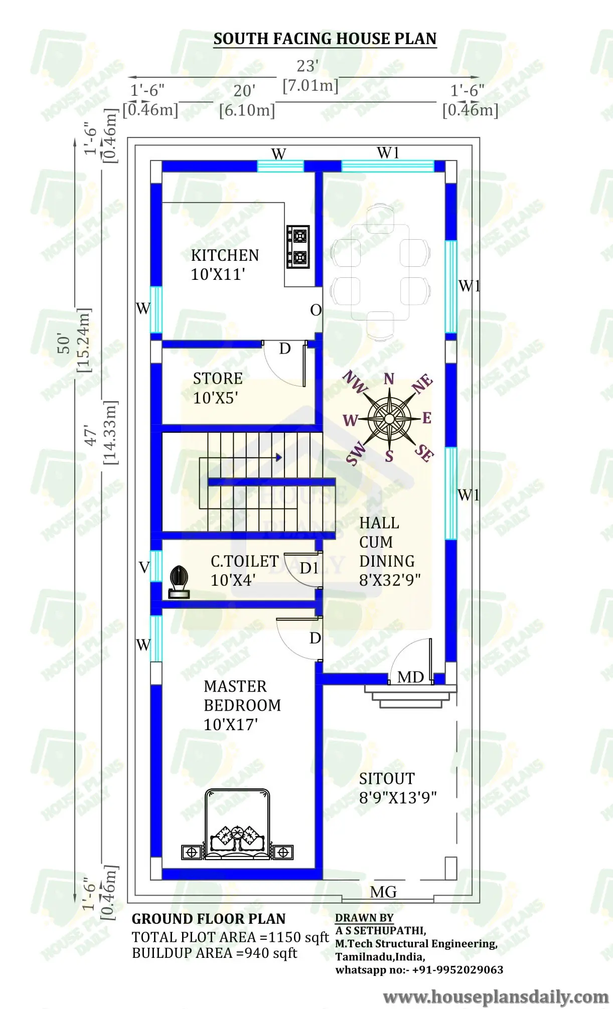 1150 sq ft house plans 3 bedroom | 23 50 house plan | 1150 SQFT home plan