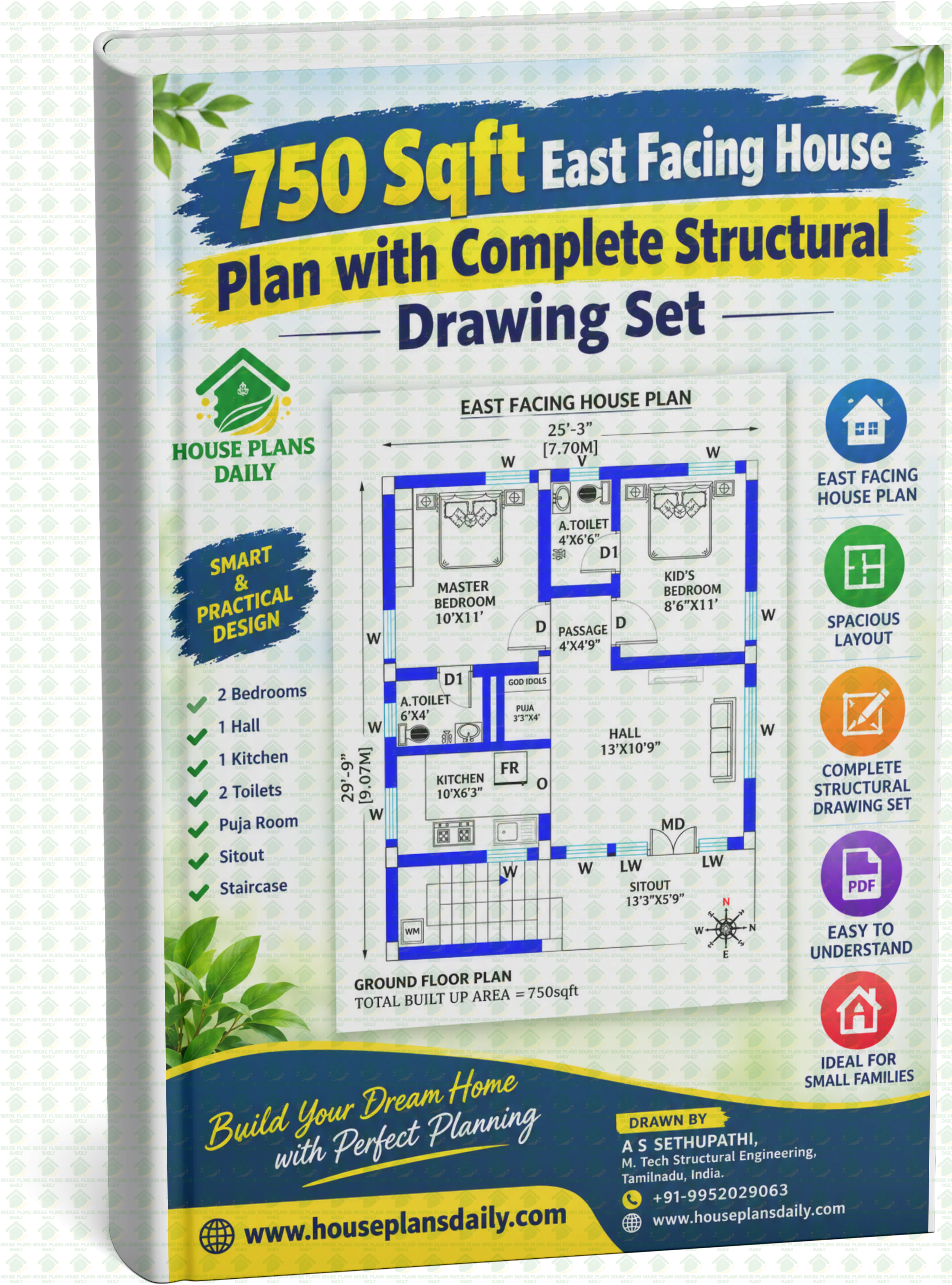 750 Sqft East Facing House Plan with Complete Structural Drawing Set