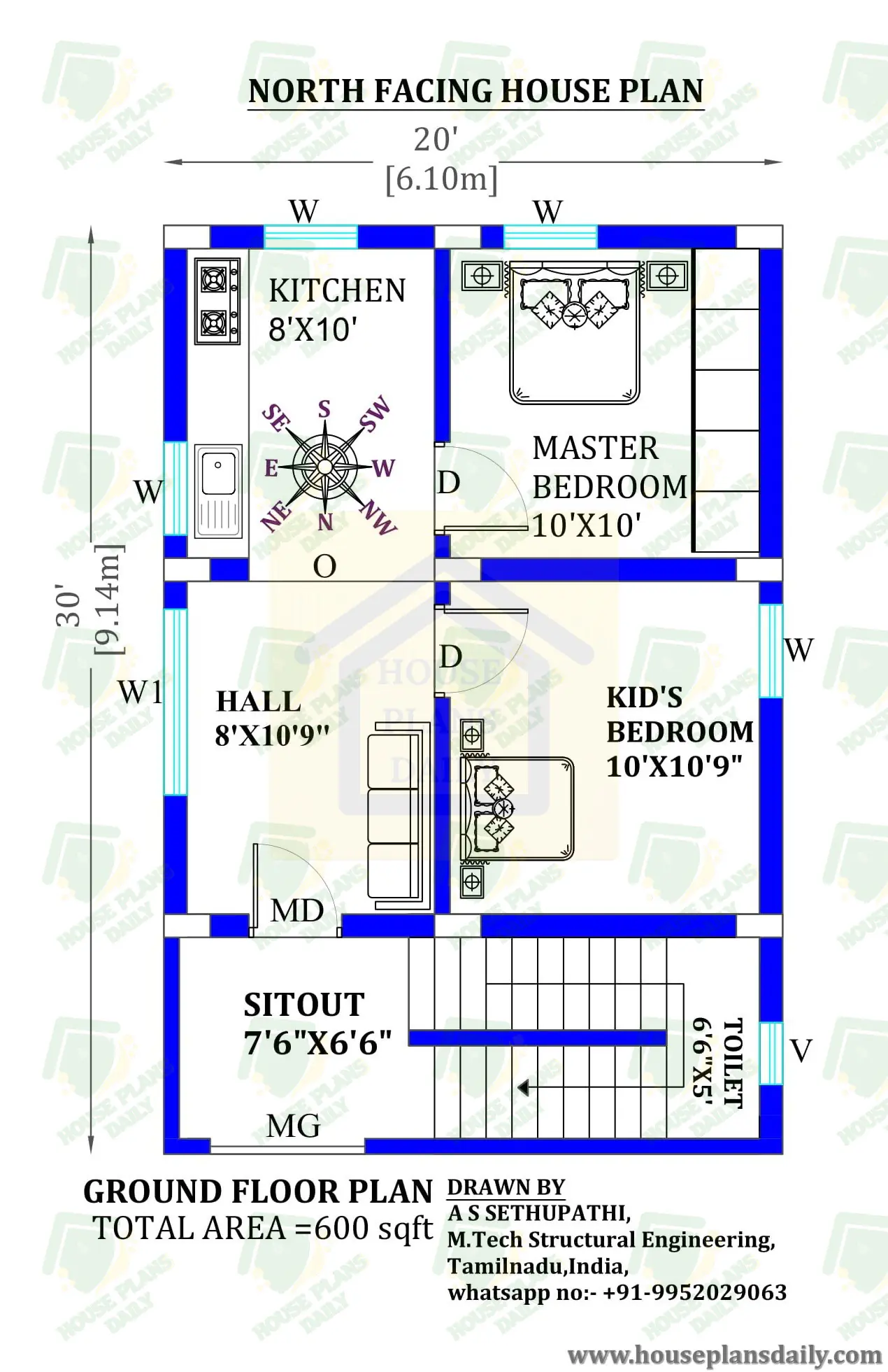 20x30 Best North Facing House Plan with Vastu