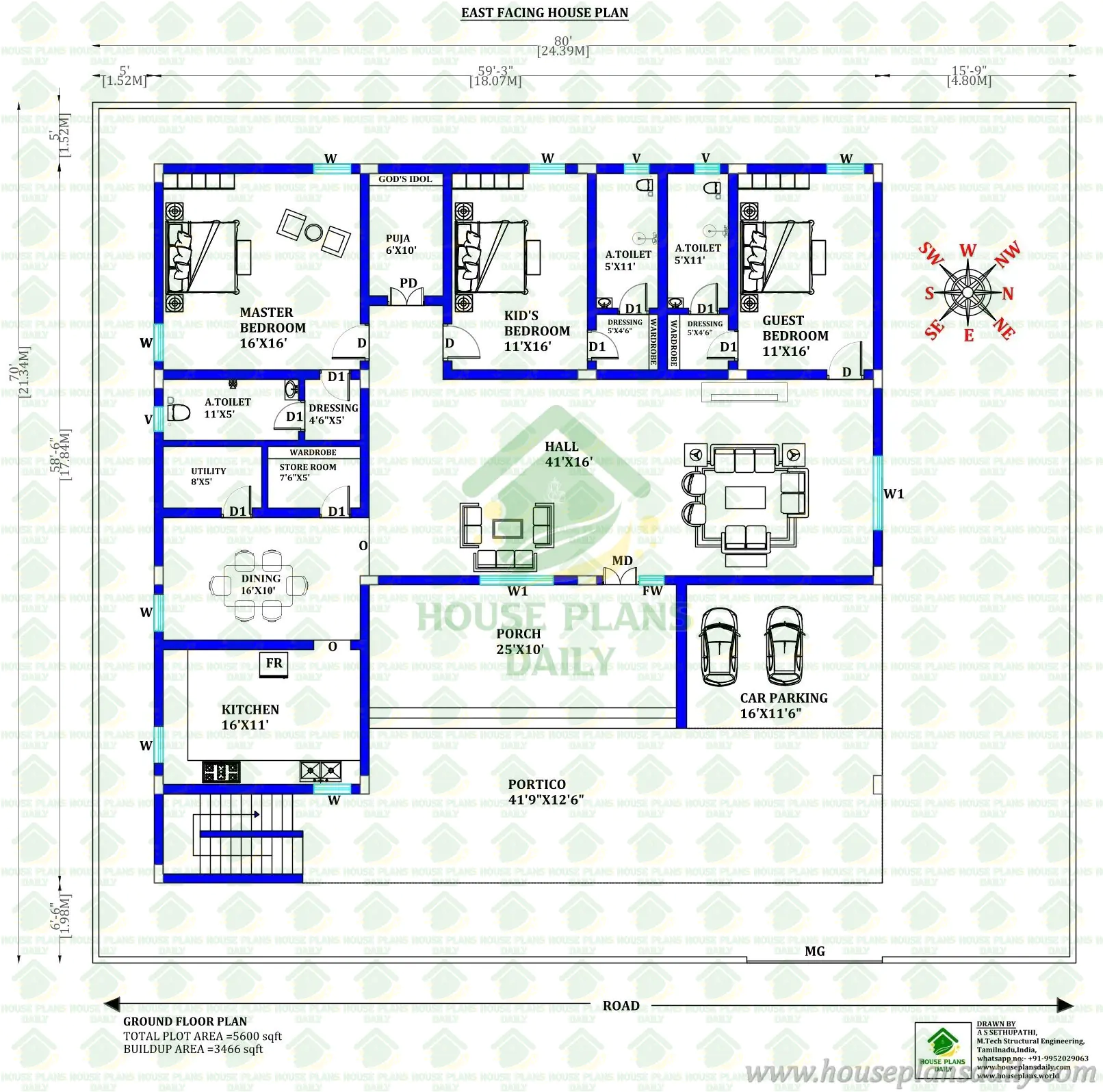 80x70 East Facing 3BHK Ground Floor House Plan | 5600 Sq Ft Vastu Design