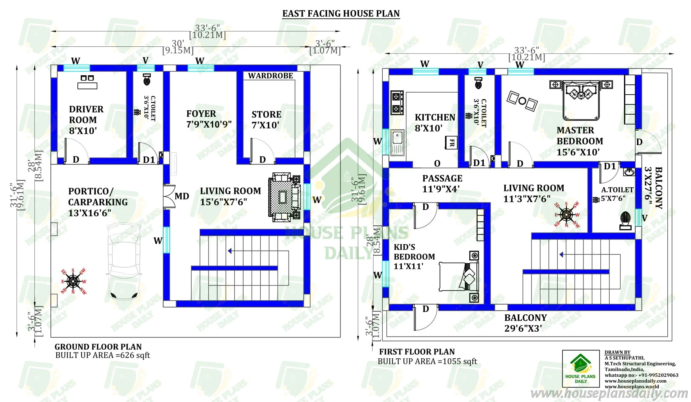 SMALL DUPLEX HOUSE DESIGN INDIA | 2BHK EAST FACING HOUSE PLAN
